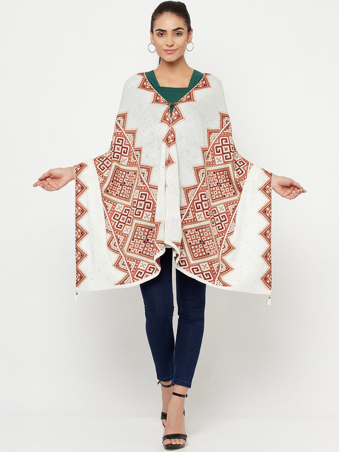 

Knitstudio Women Off White & Brown Self-Design Knitted Shawl