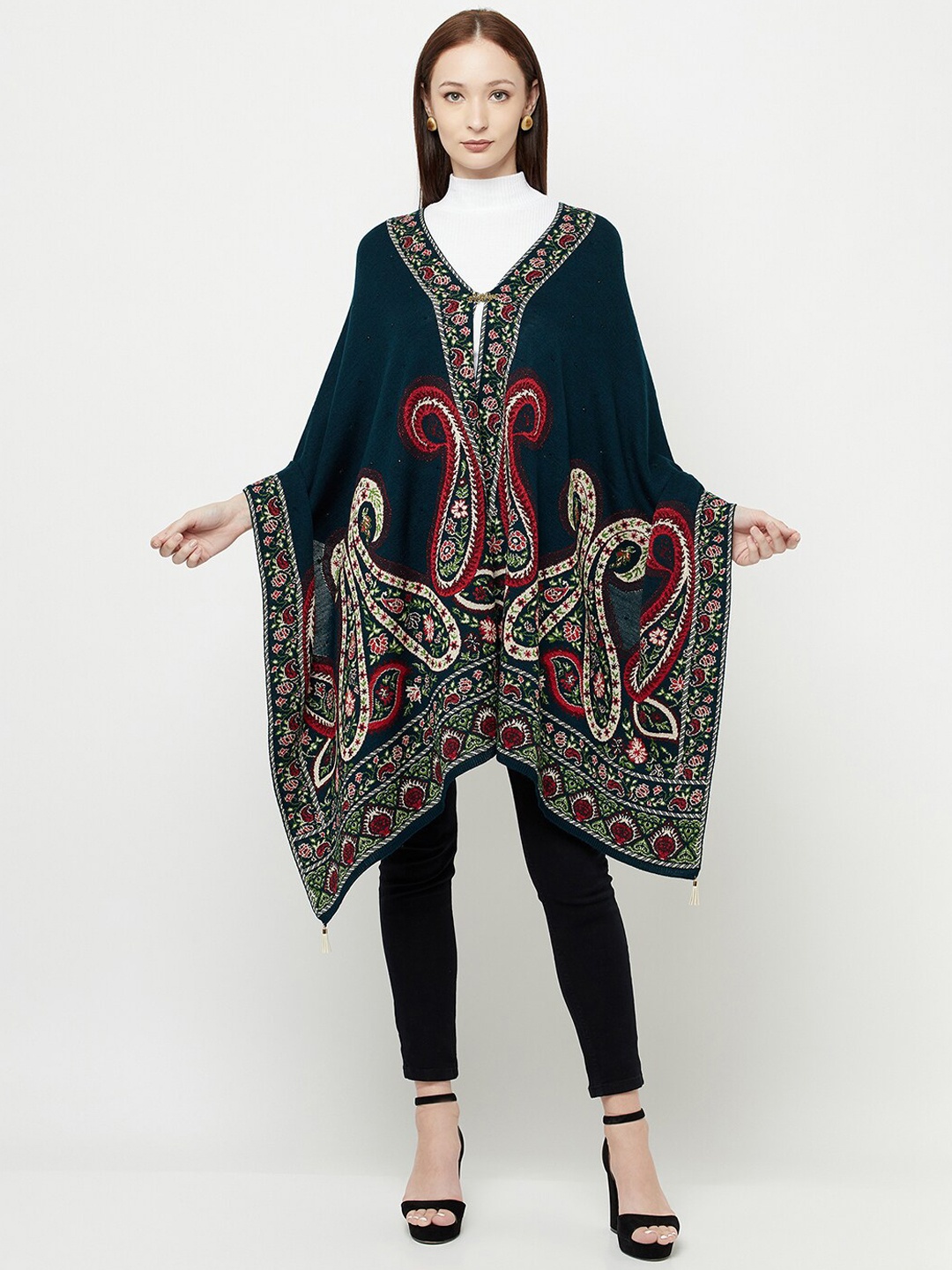 

Knitstudio Women Teal Green & Red Self-Design Knitted Shawl