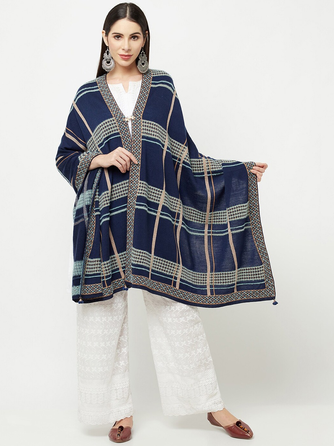 

Knitstudio Women Navy Blue Checked Woven Design Shawl