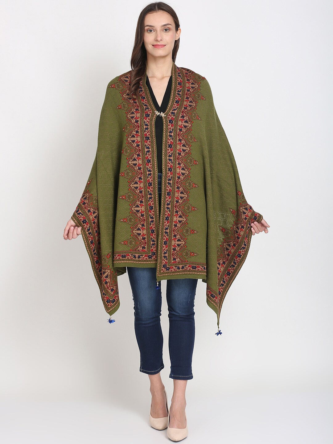 

Knitstudio Women Green Tribal Woven Design Knitted Shawl