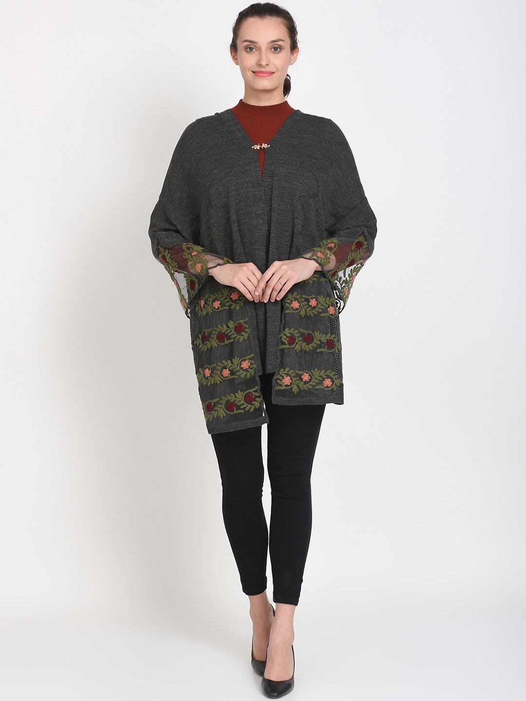 

Knitstudio Women Grey Floral Embroidered Knitted Shawl