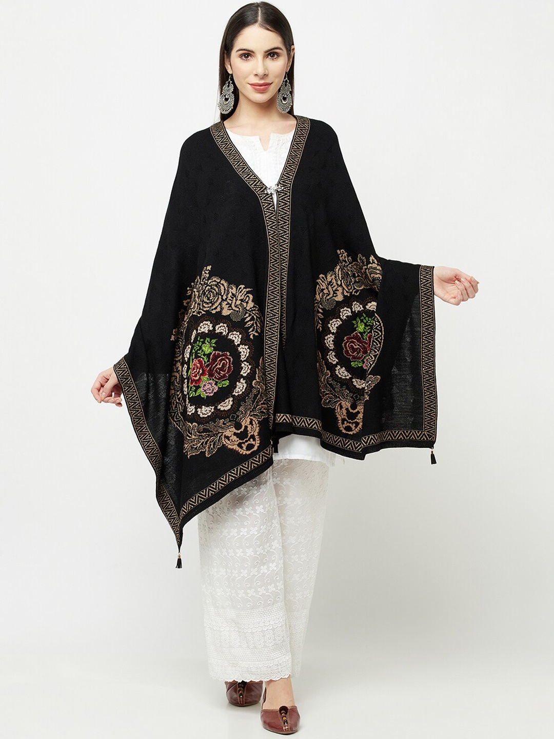 

Knitstudio Women Black Floral Woven Design Shawl