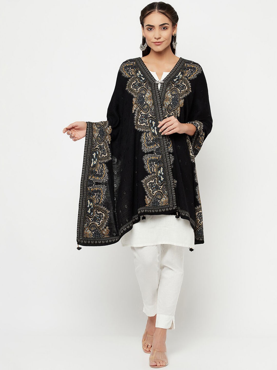 

Knitstudio Women Black Tribal Woven Design Shawl