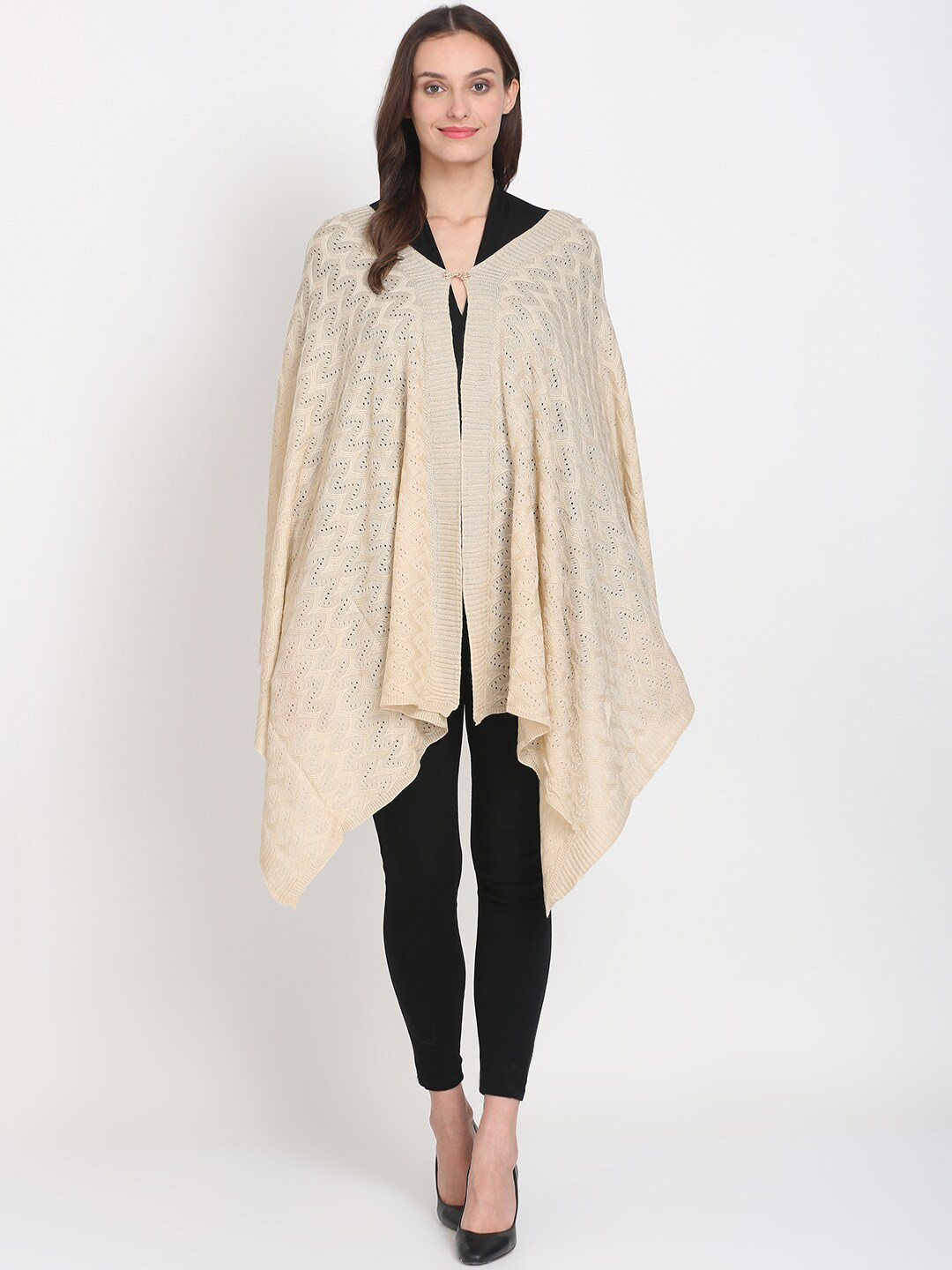 

Knitstudio Women Beige Woven Design Knitted Shawl