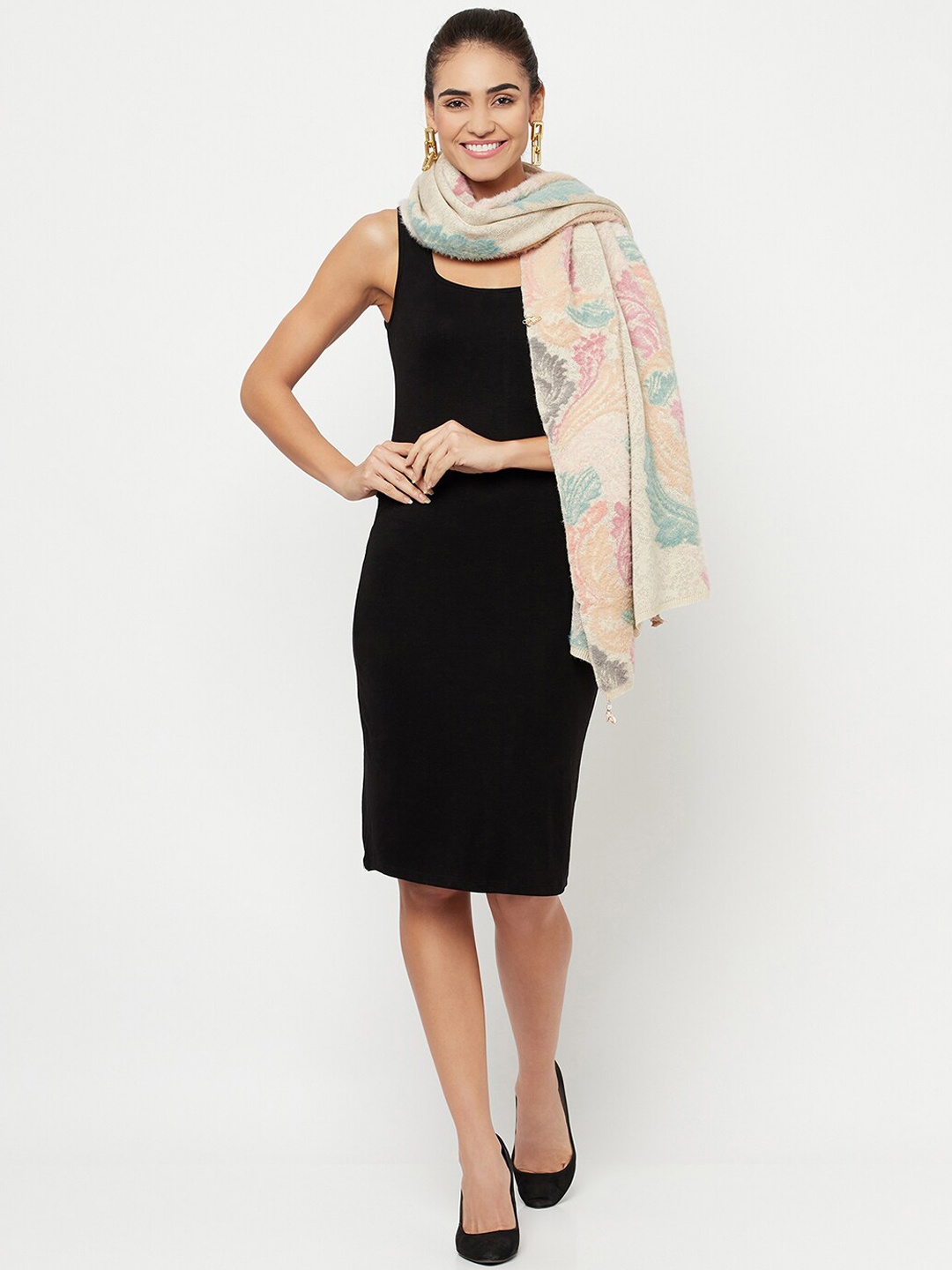 

Knitstudio Women Beige Botanical Woven Design Knitted Shawl