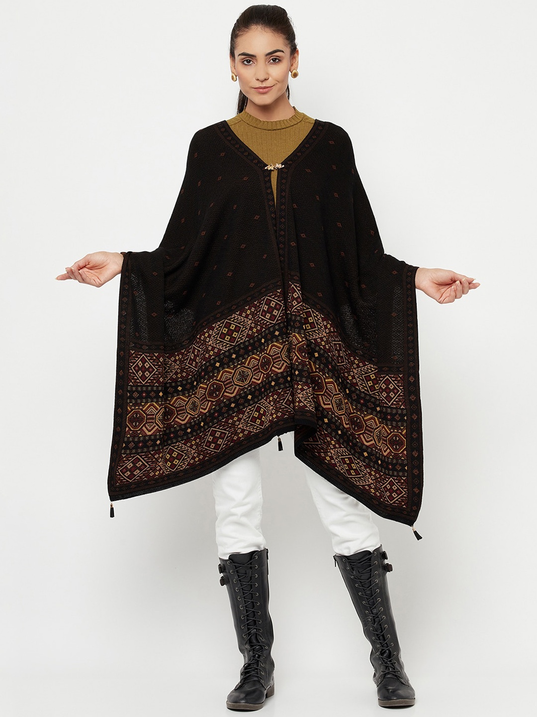 

Knitstudio Women Black & Brown Woven-Design Shawl
