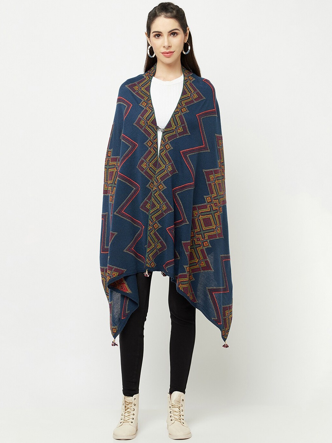 

Knitstudio Women Teal Tribal Woven Design Knitted Shawl