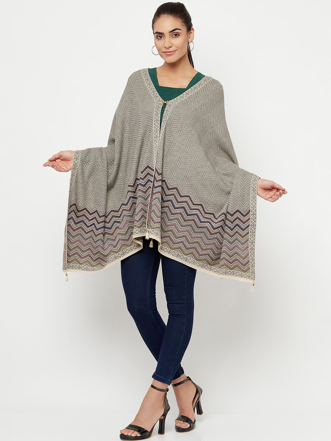 

Knitstudio Women Beige Chevron Woven Design Shawl