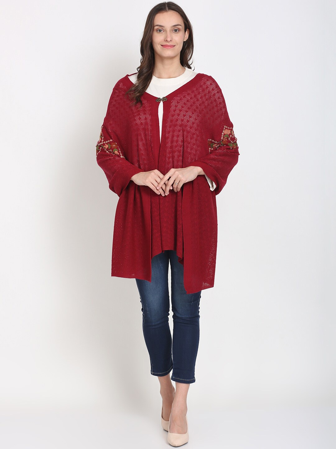 

Knitstudio Women Maroon Botanical Embroidered Knitted Shawl