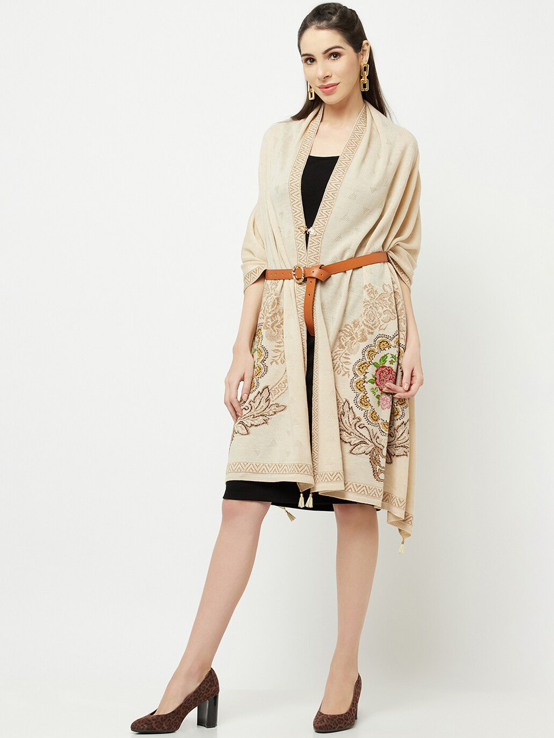 

Knitstudio Women Beige Woven Design Knitted Shawl