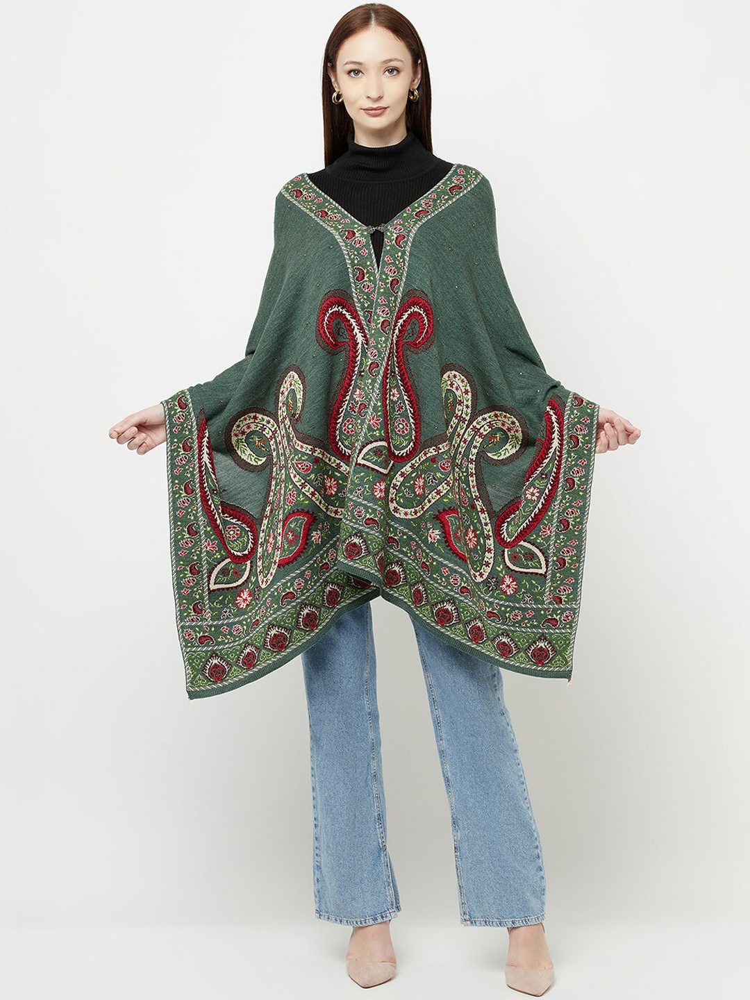 

Knitstudio Women Green Botanical Woven Design Shawl