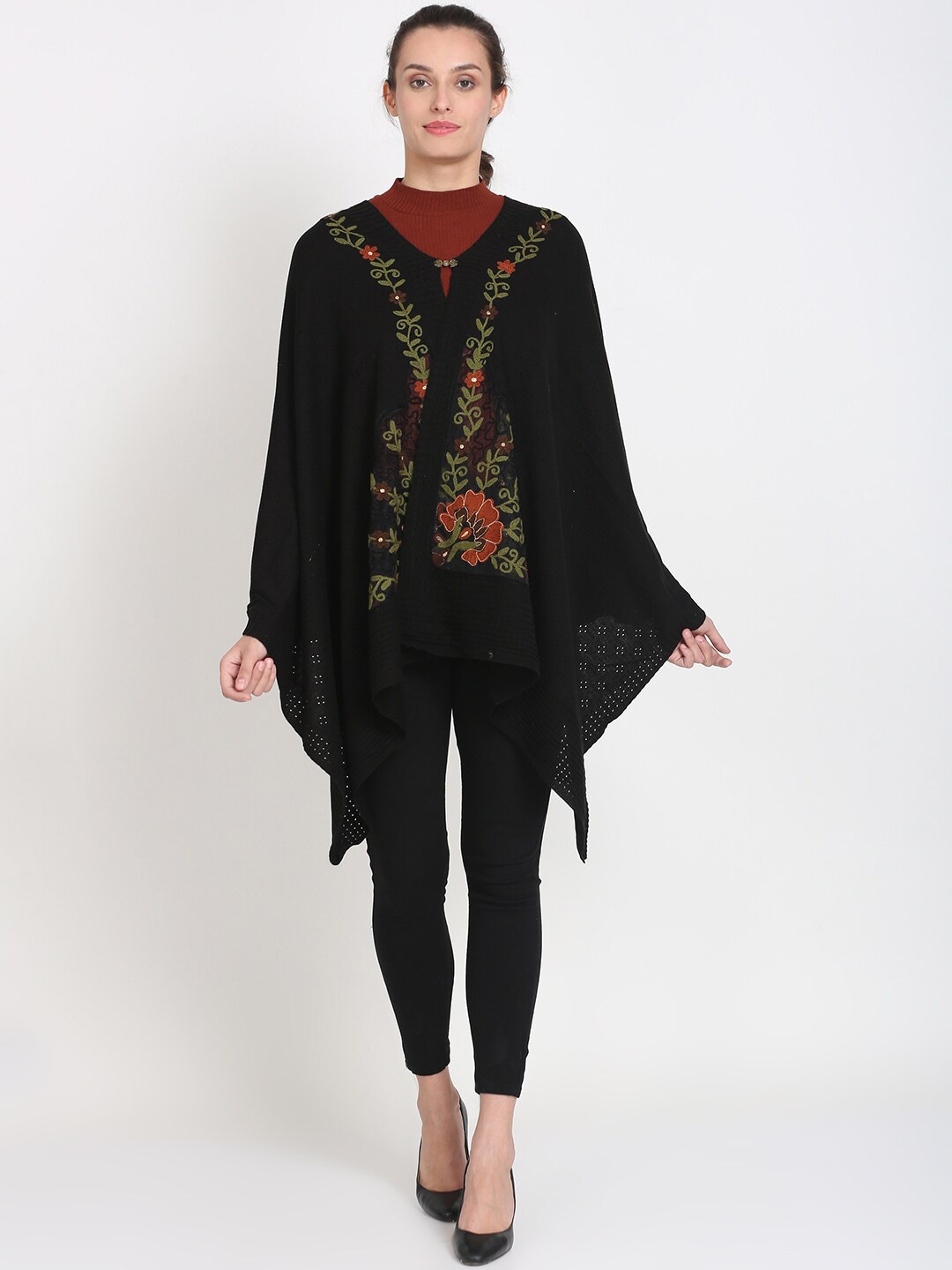 

Knitstudio Women Black Floral Embroidered Shawl