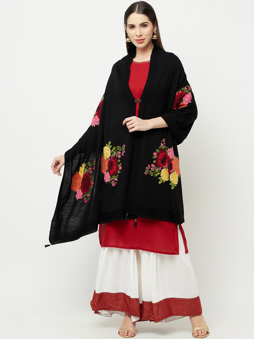 

Knitstudio Women Black & Pink Floral Woven Design Shawl