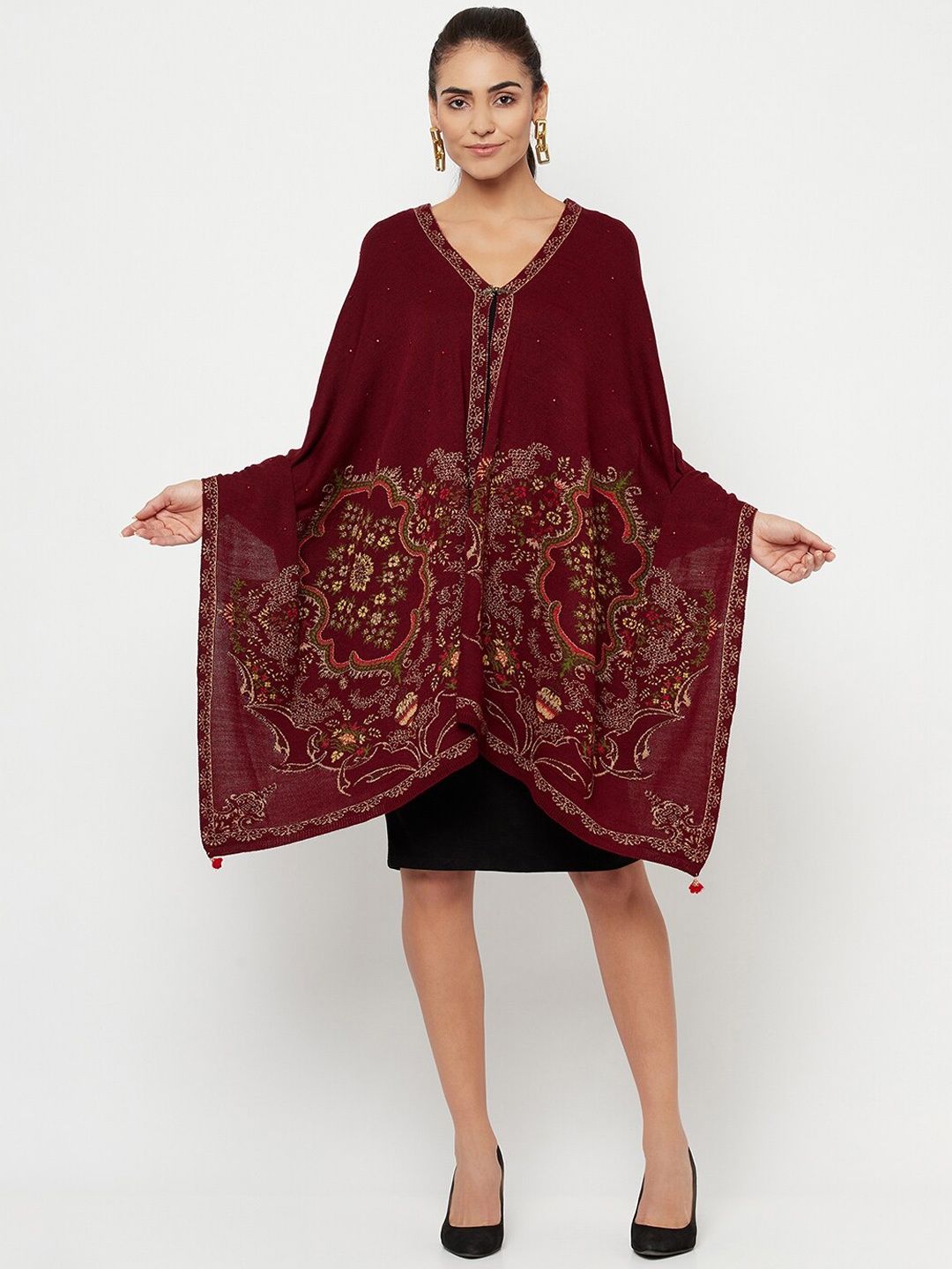 

Knitstudio Women Maroon Botanical Woven Design Knitted Shawl