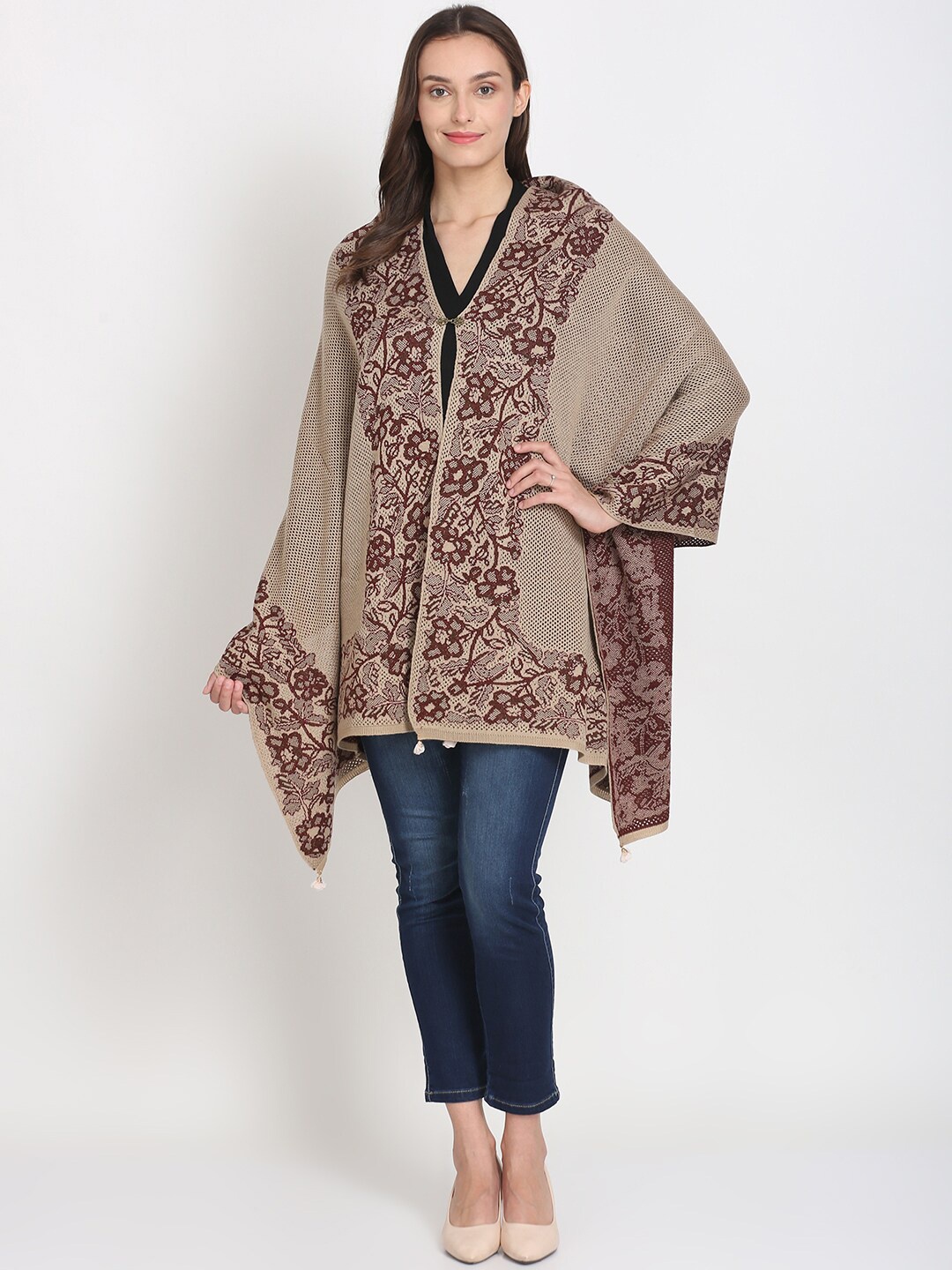 

Knitstudio Women Beige Botanical Woven Design Shawl