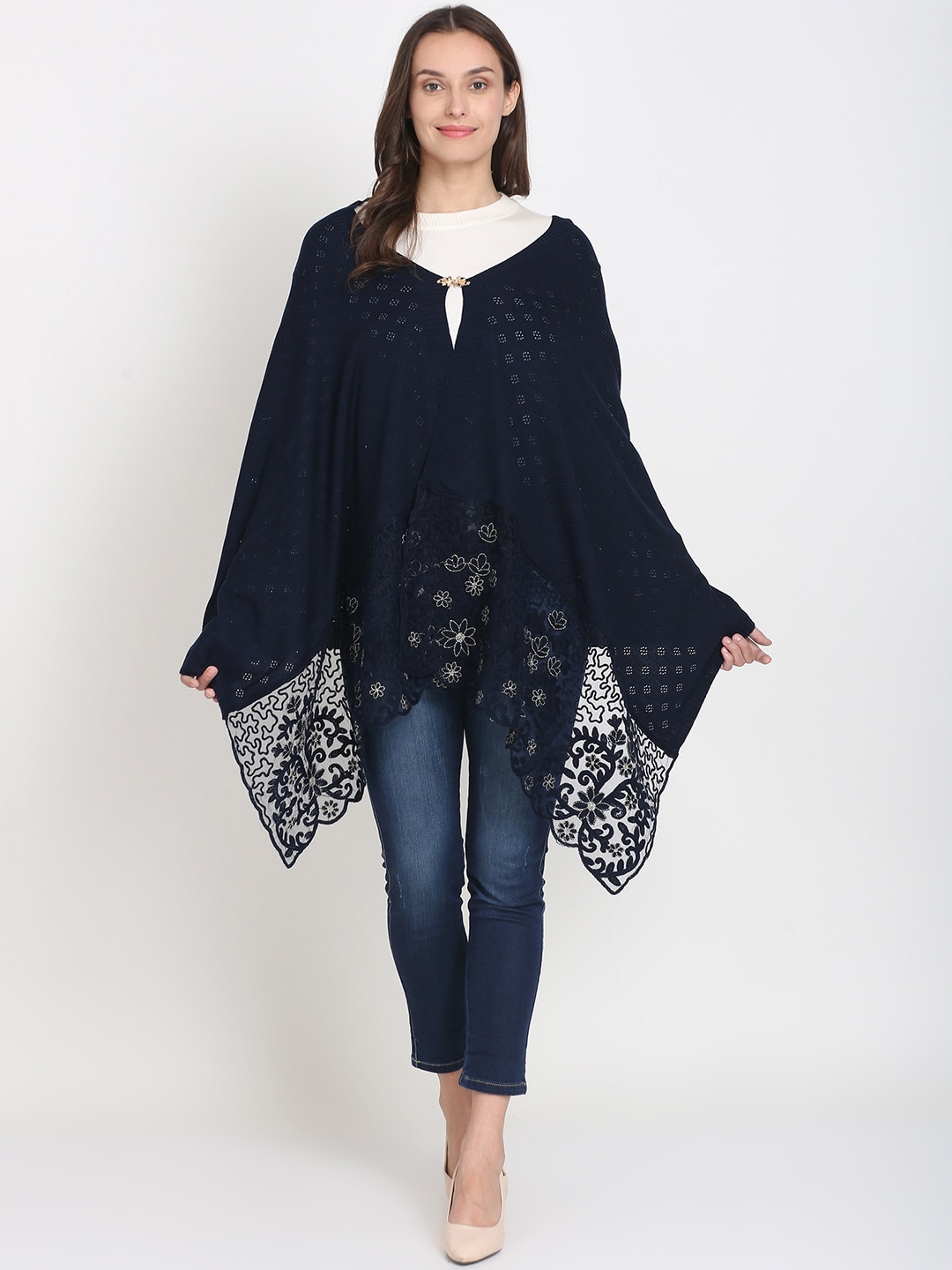 

Knitstudio Women Navy Blue Botanical Woven Design Shawl