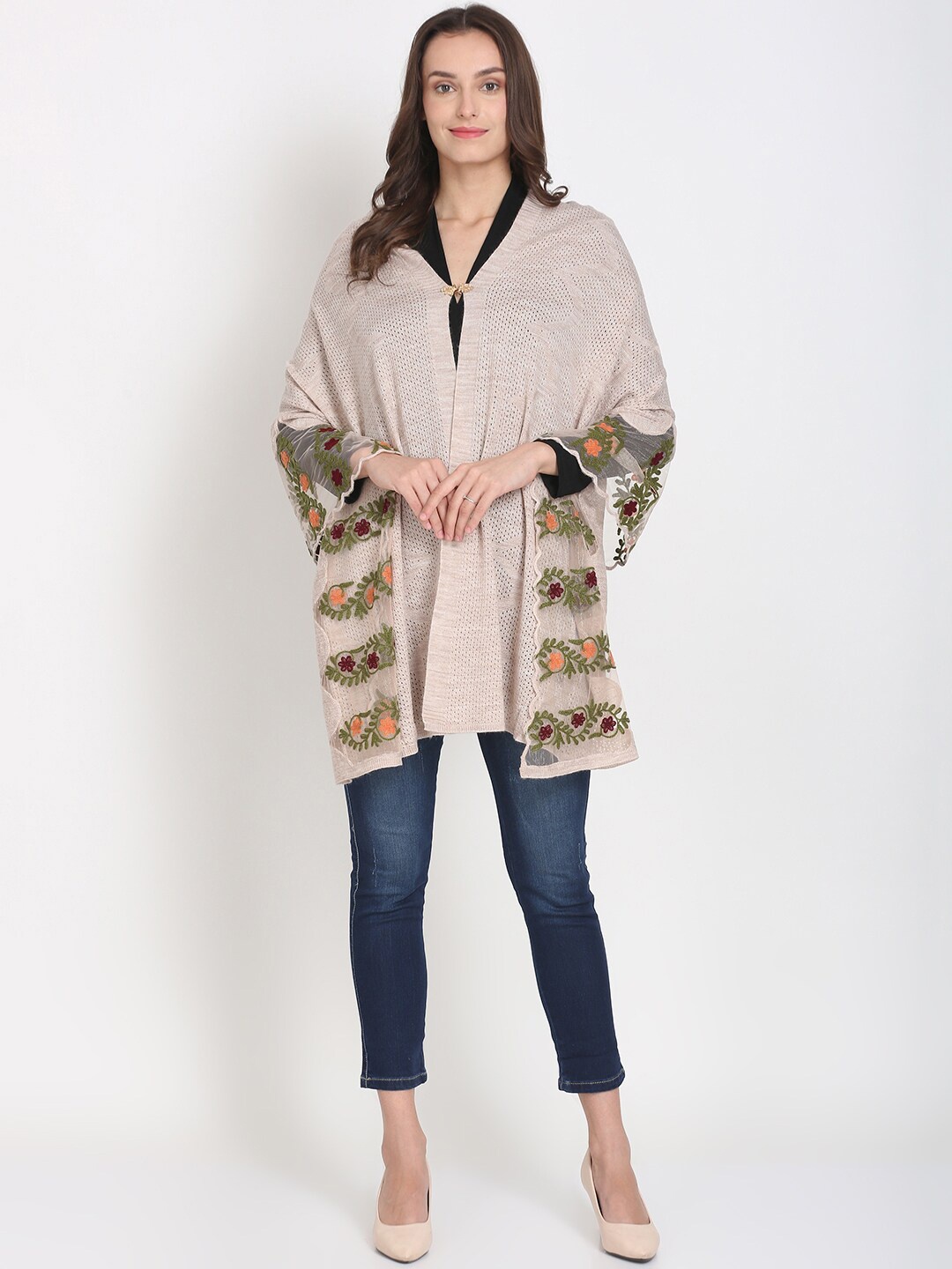 

Knitstudio Women Beige Floral Embroidered Knitted Shawl