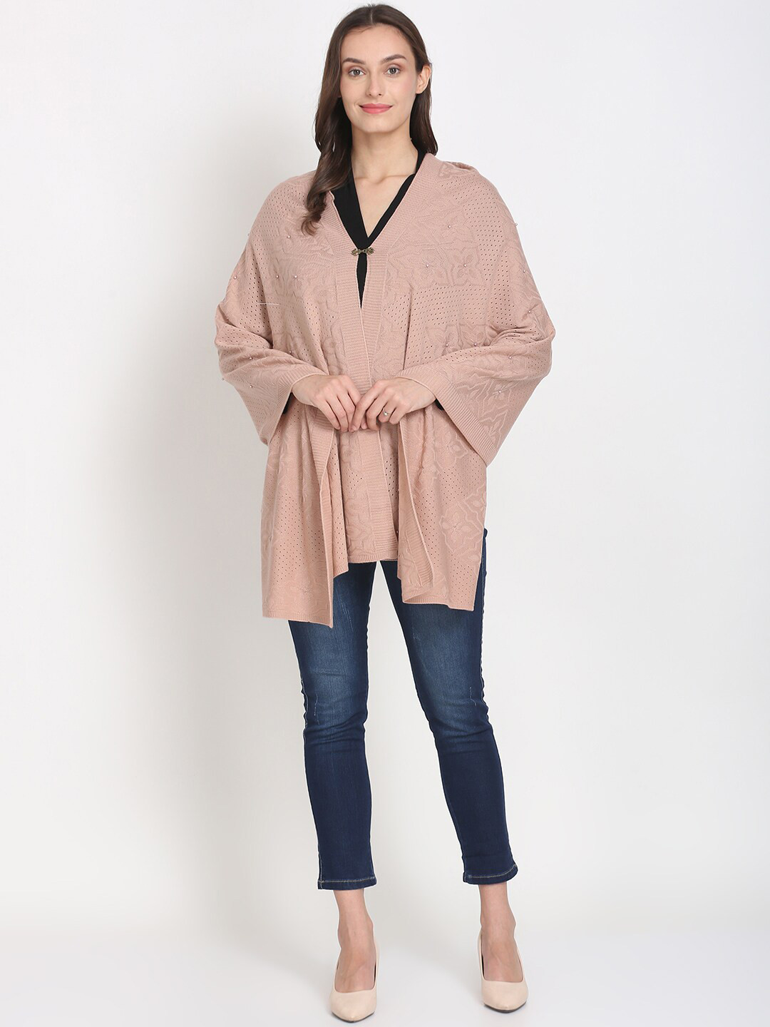 

Knitstudio Women Pink Self Design Knitted Shawl
