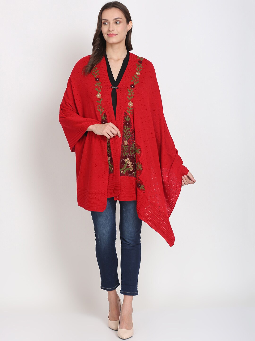 

Knitstudio Women Red-Colored Self Design Knitted Shawl