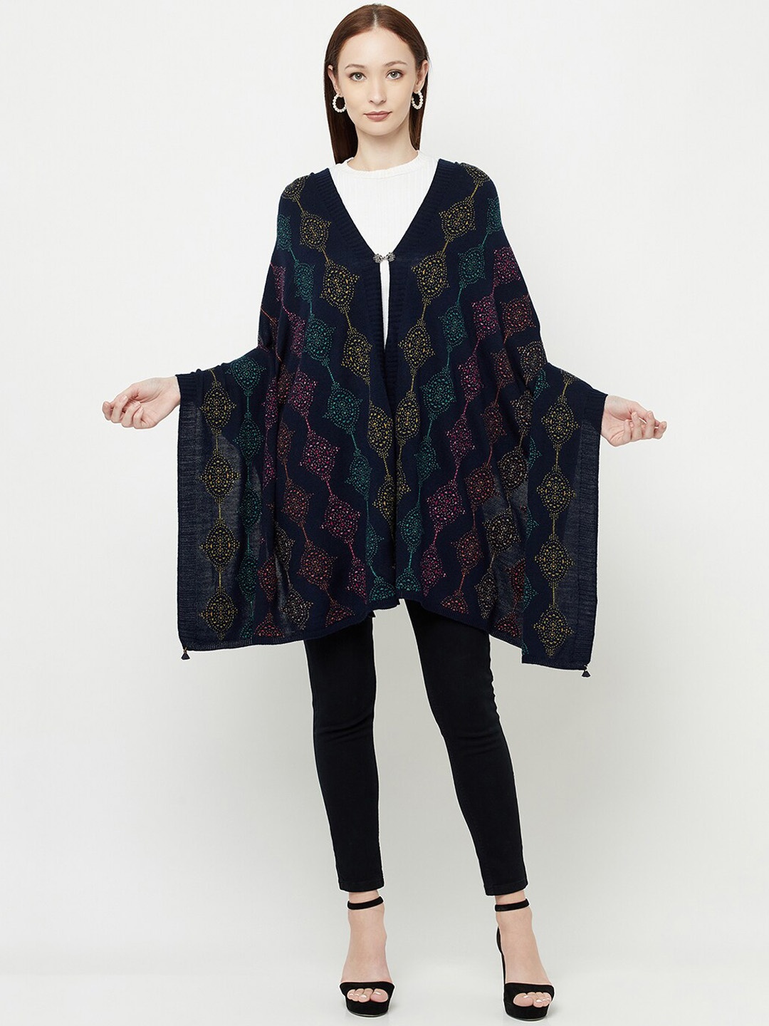 

Knitstudio Women Navy Blue-Colored Woven Design Knitted Shawl