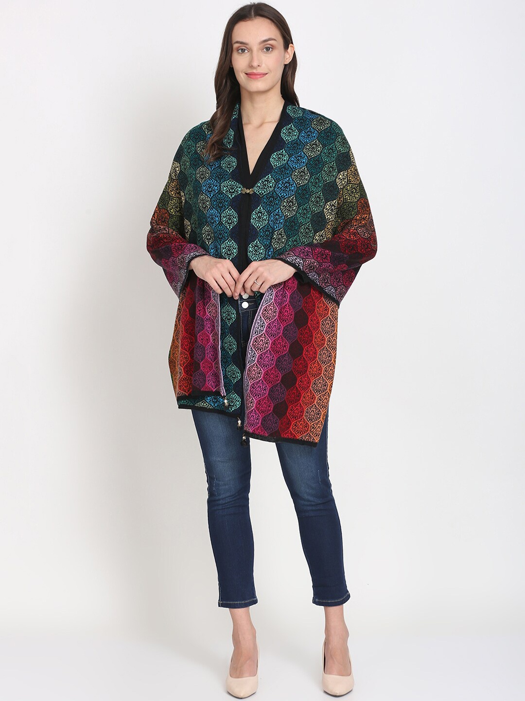 

Knitstudio Women Black & Red Woven-Design Shawl, Blue