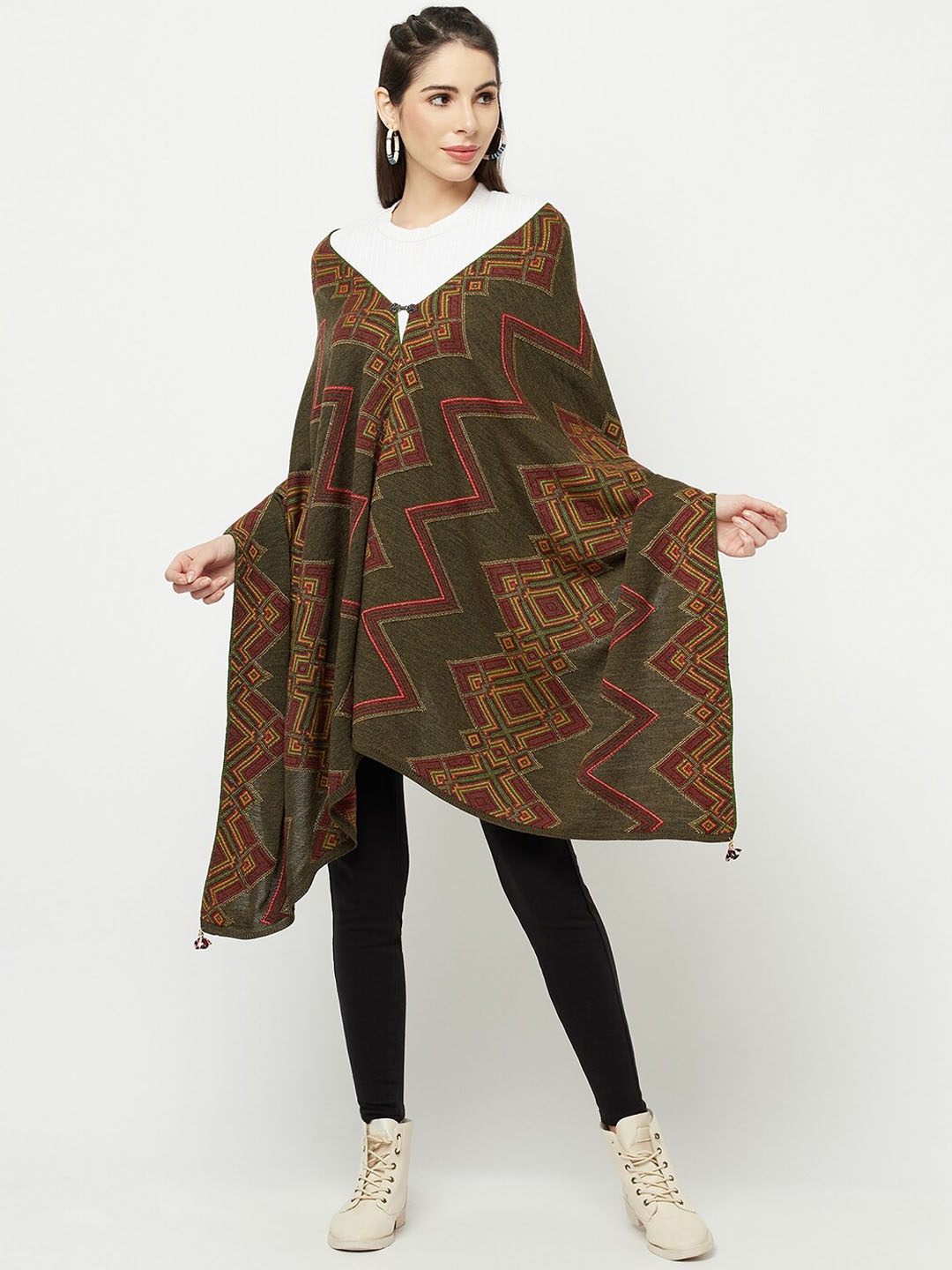 

Knitstudio Women Olive Woven Design Knitted Shawl