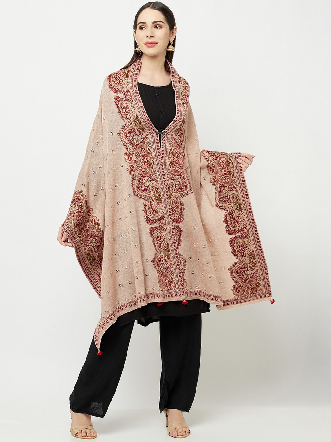 

Knitstudio Women Cream Ethnic Motif Woven Design Casual Shawl