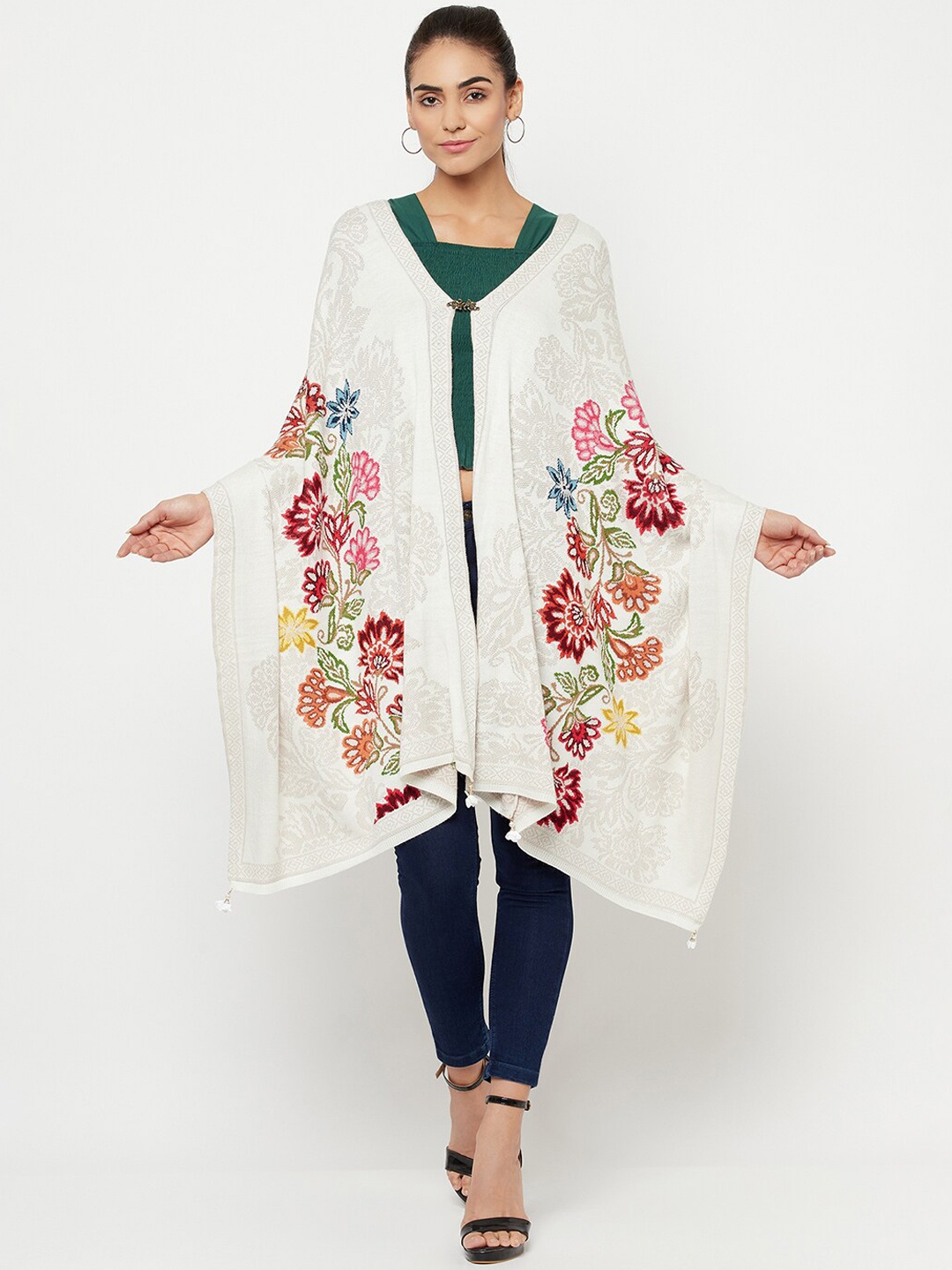 

Knitstudio Women Off White Botanical Woven Design Shawl