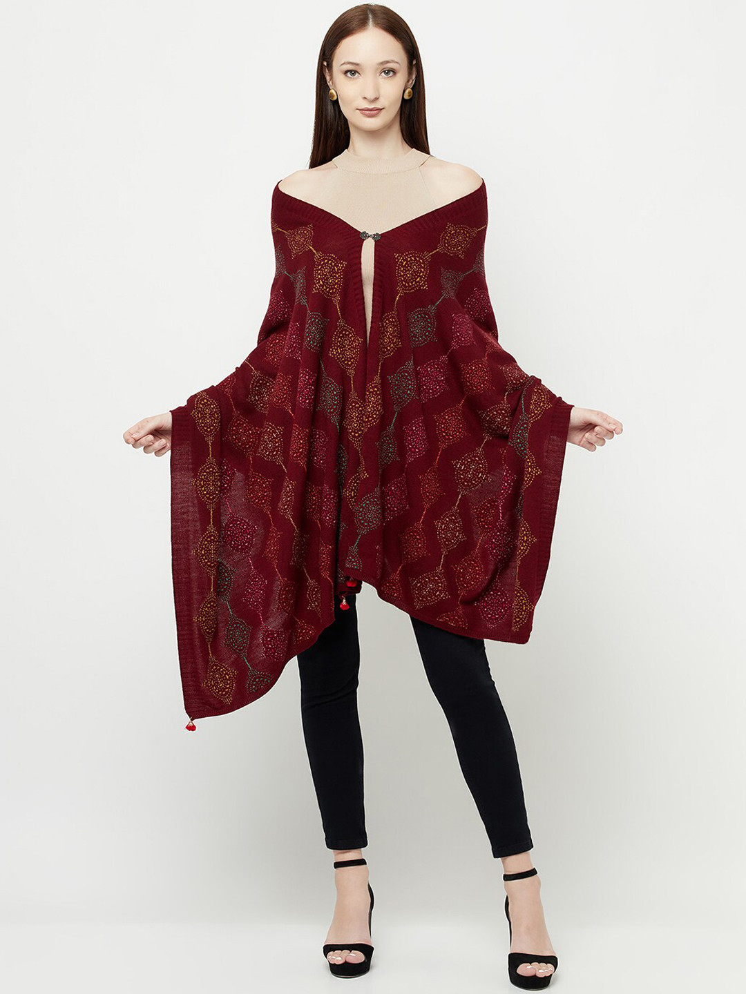 

Knitstudio Women Maroon Self-Design Knitted Shawl