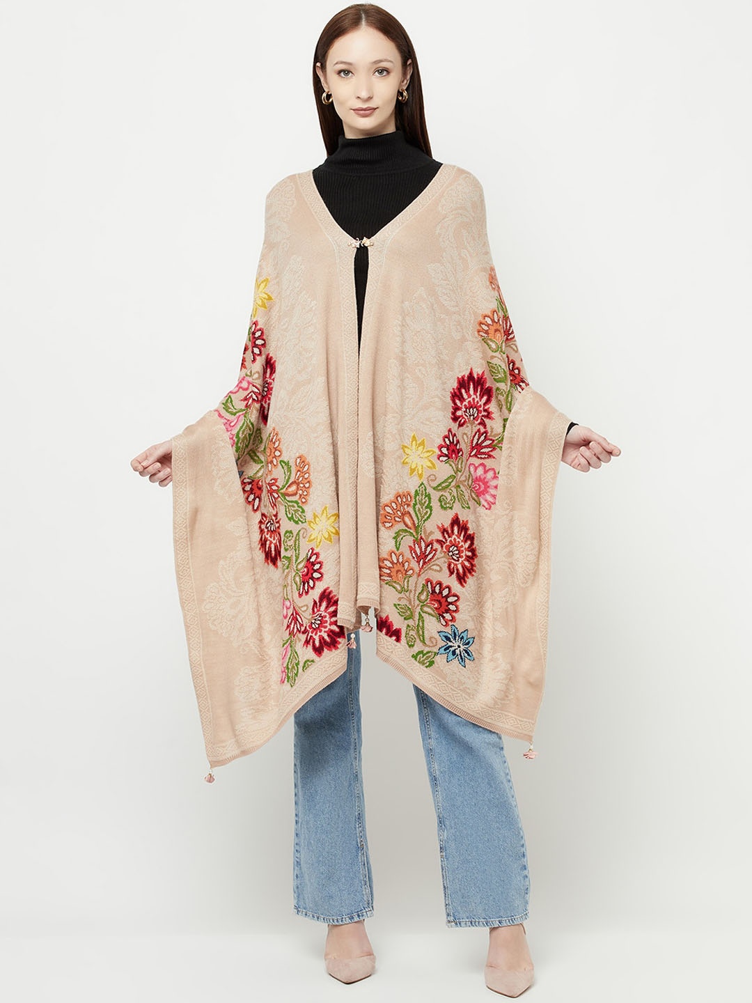 

Knitstudio Women Beige & Pink Woven-Design Botanical Casual Shawl