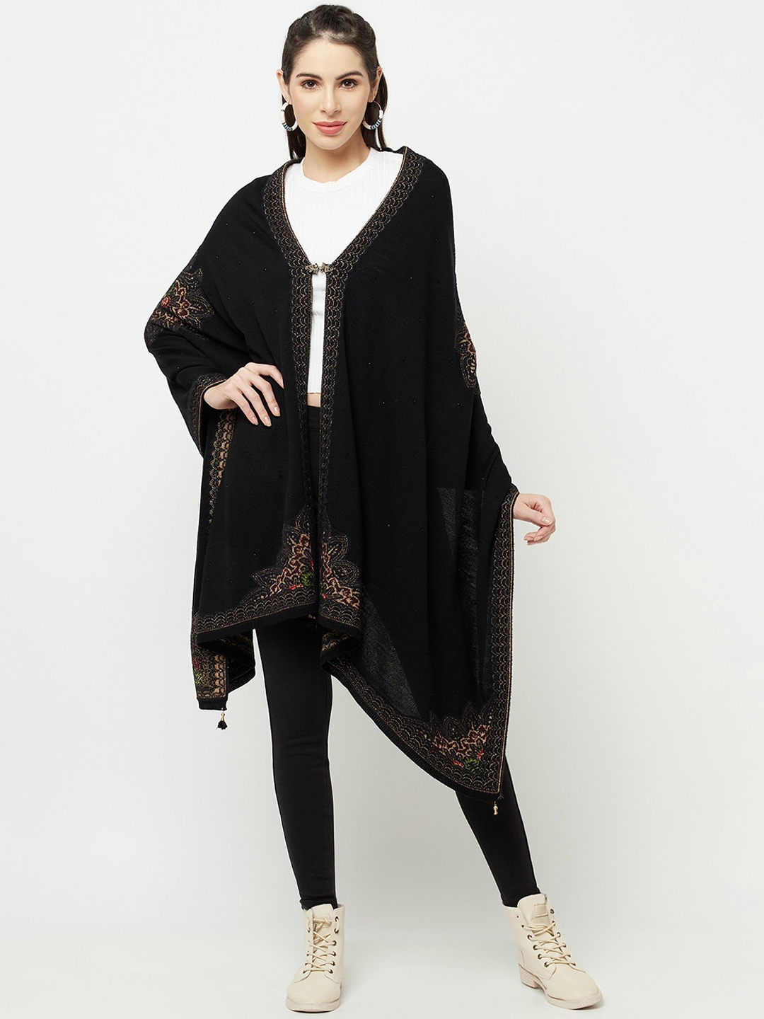 

Knitstudio Women Black Self Design Knitted Shawl