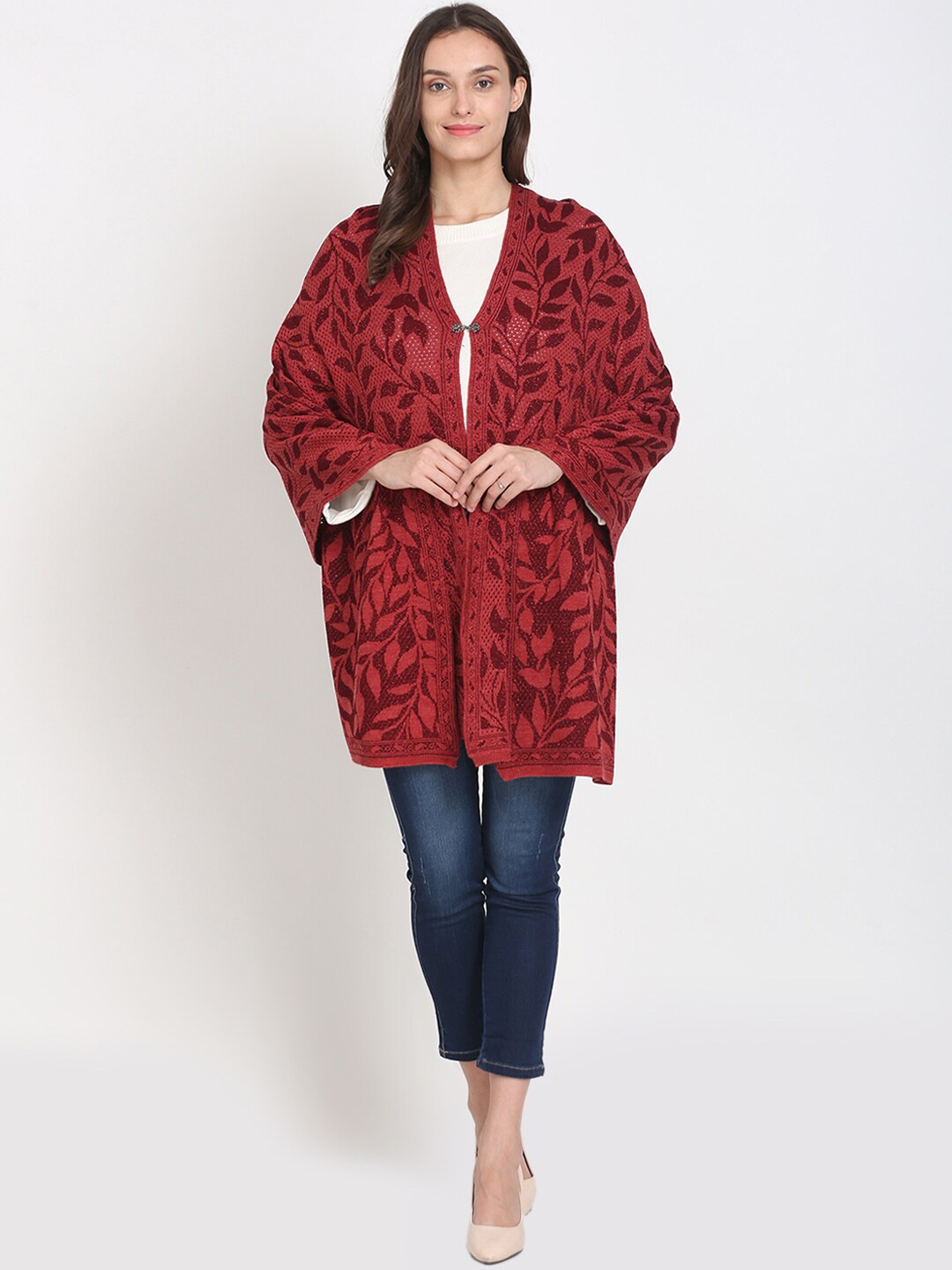 

Knitstudio Women Red Woven Design Botanical Shawl