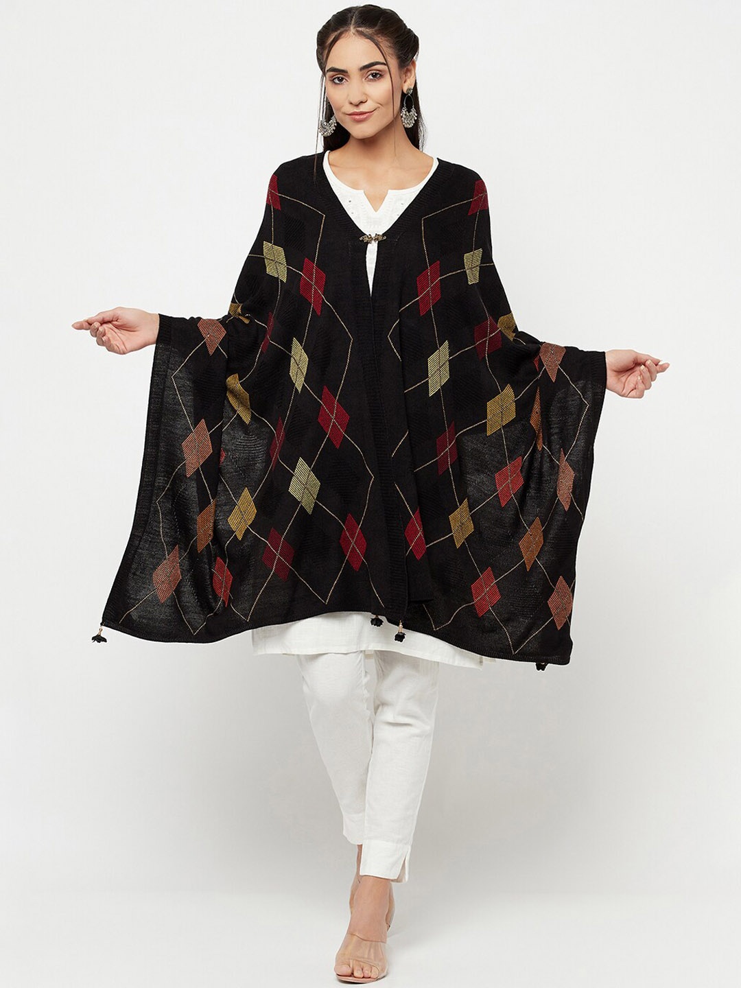 

Knitstudio Women Black Tribal Woven Design Casual Shawl