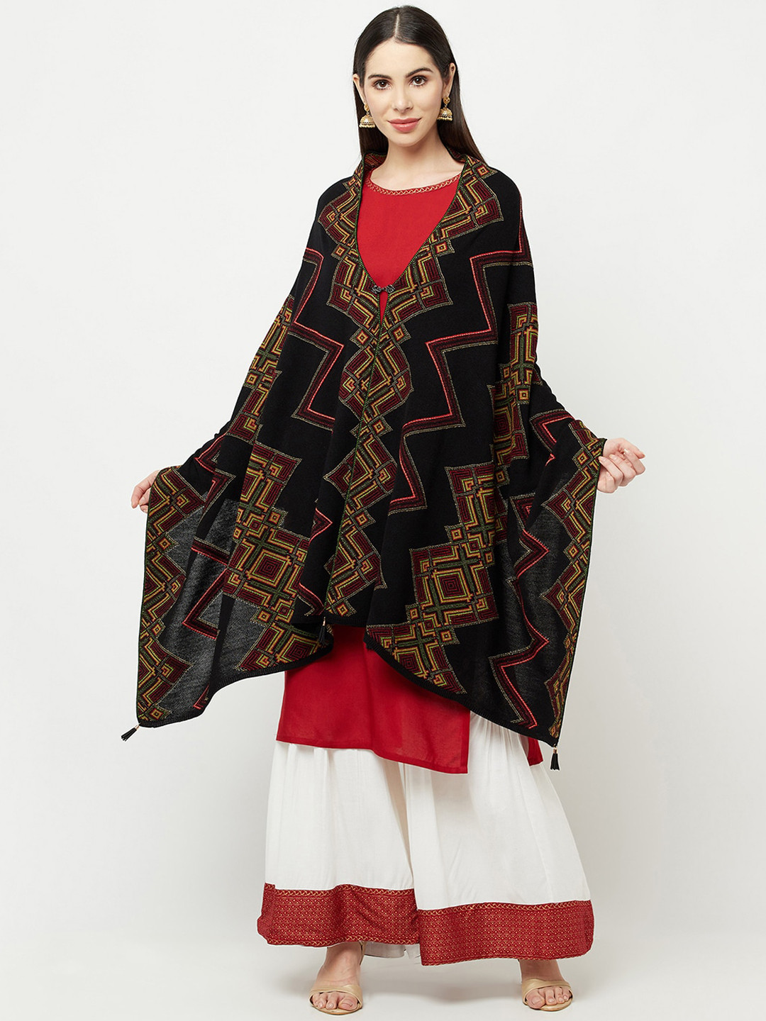 

Knitstudio Women Black Woven Design Knitted Shawl