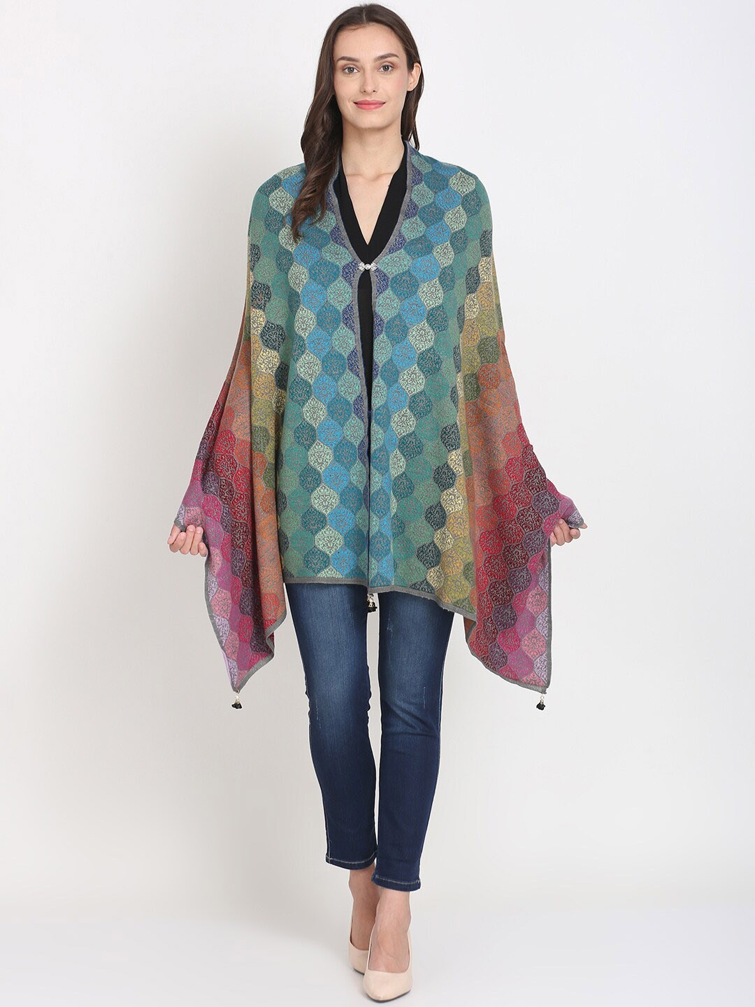 

Knitstudio Women Grey & Teal Self-Design Knitted Shawl