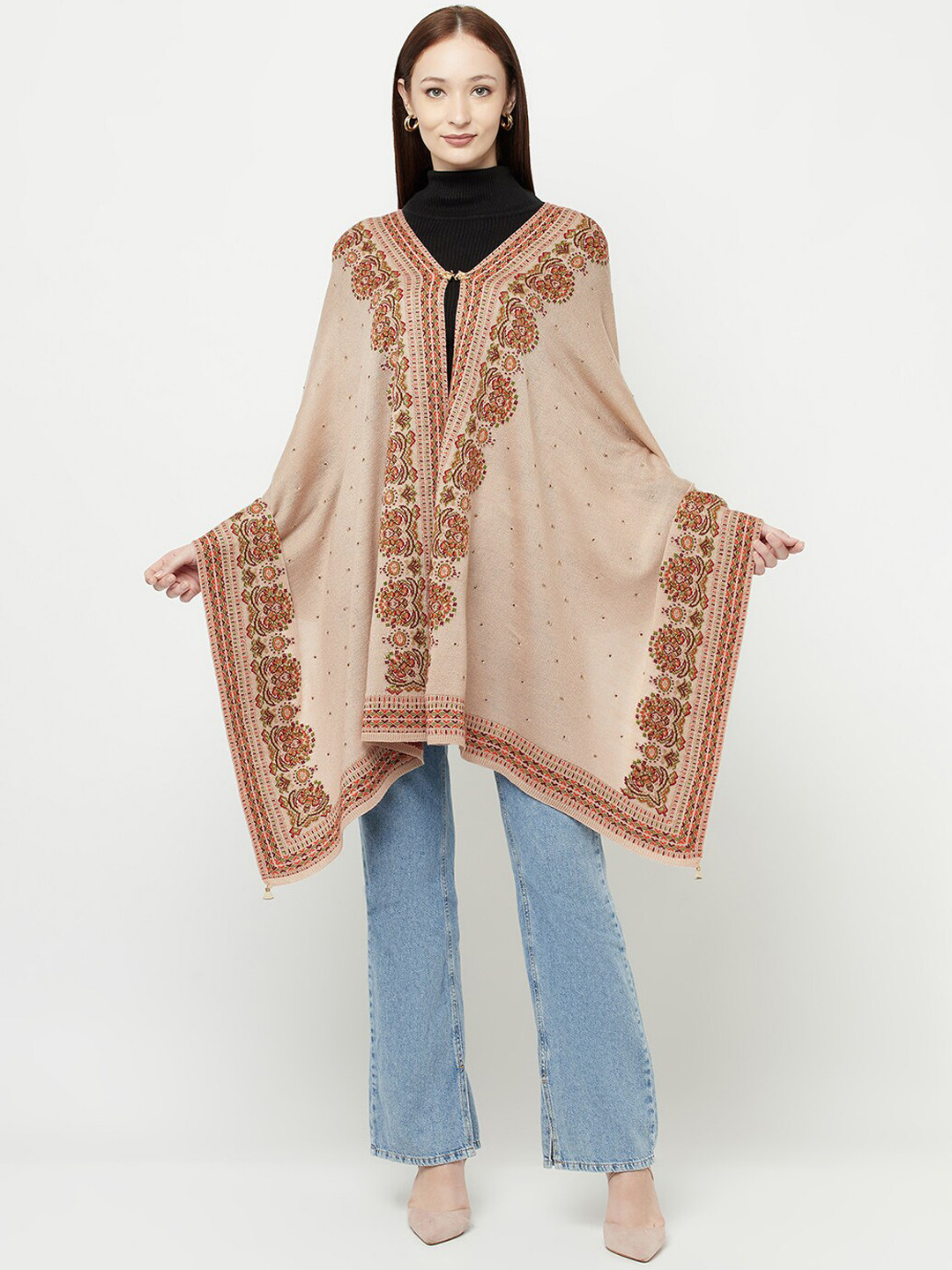 

Knitstudio Women Pink & Red Embroidered Casual Shawl