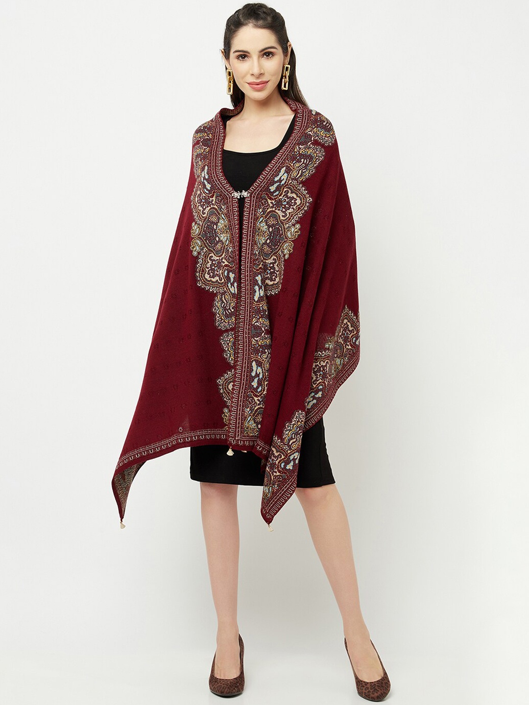 

Knitstudio Women Maroon Paisley knitted Woven Design Casual Shawl
