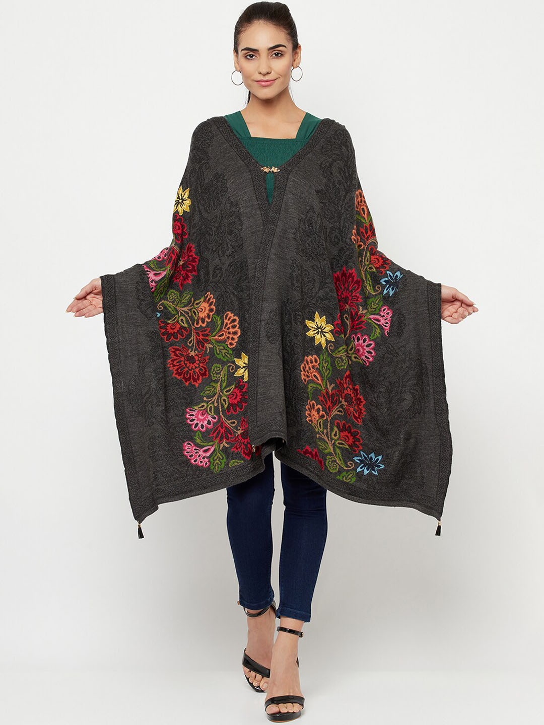 

Knitstudio Women Charcoal & Red Woven Design Botanical Casual Shawl