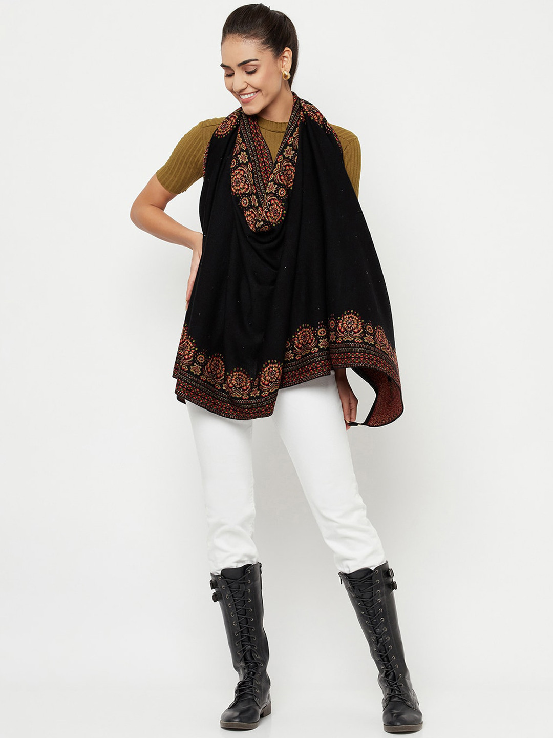 

Knitstudio Women Black Woven Design Casual Shawl