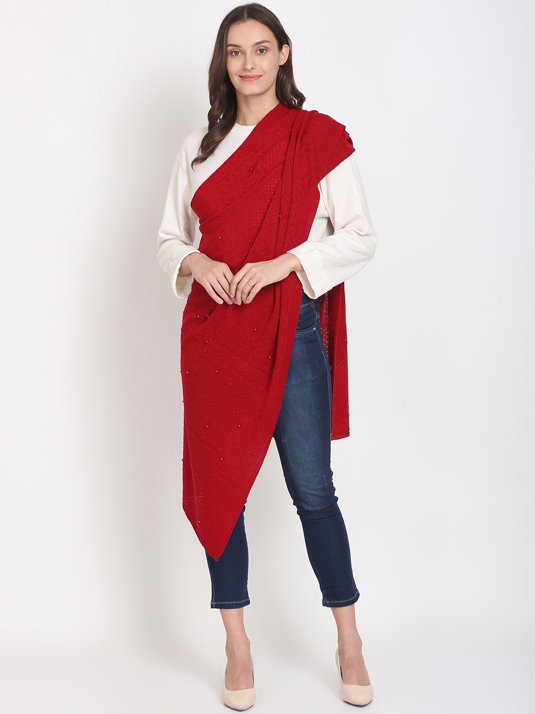 

Knitstudio Women Red Self Design Knitted Shawl
