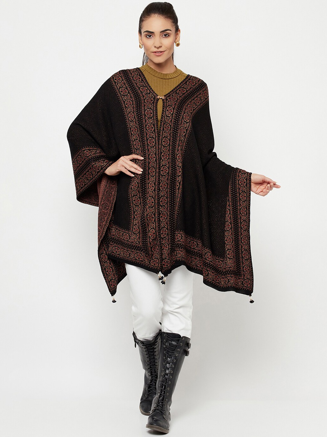 

Knitstudio Women Black Woven Design Tribal Casual Shawl