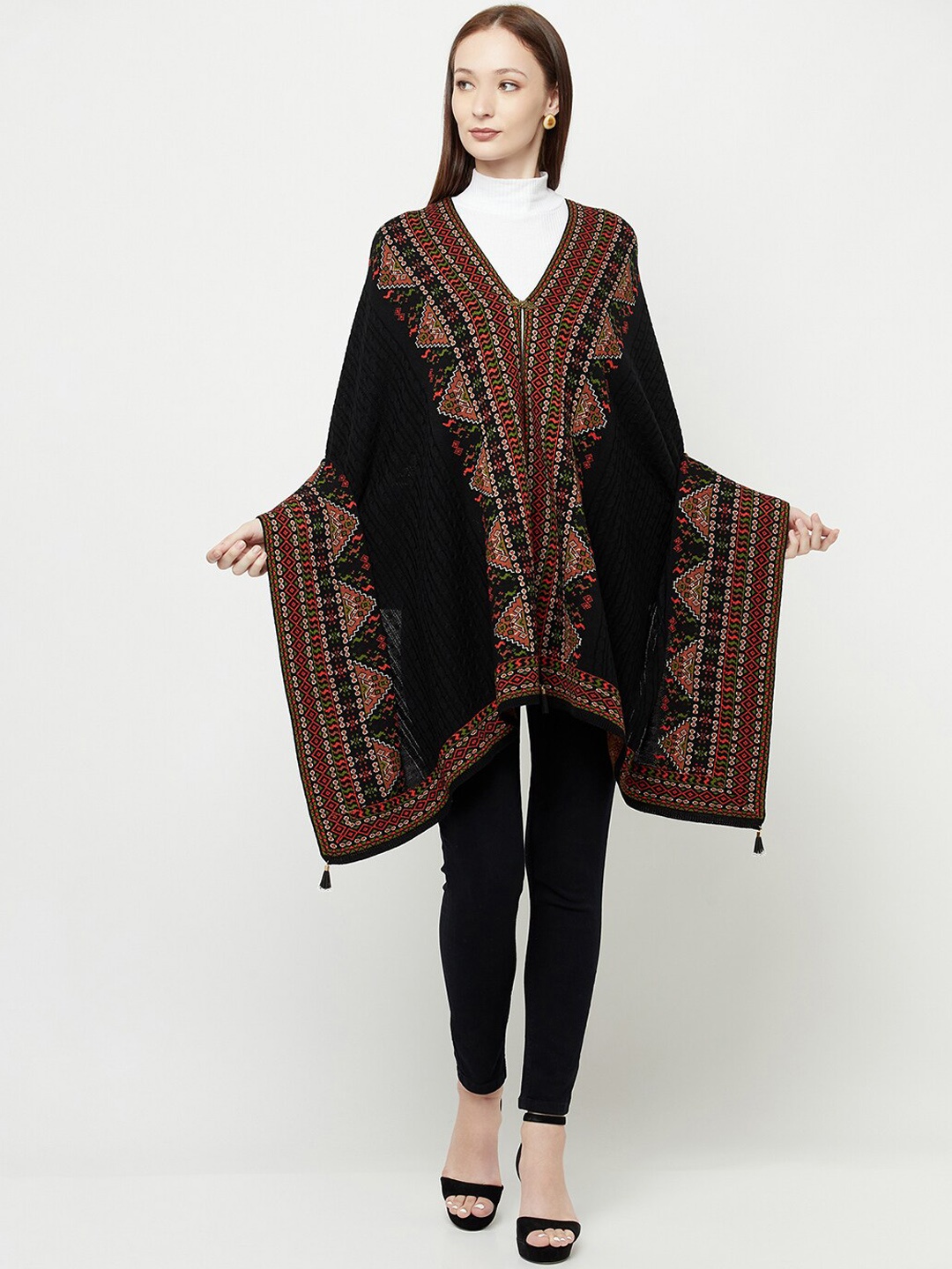 

Knitstudio Women Black & Rust Self Design Knitted Shawl