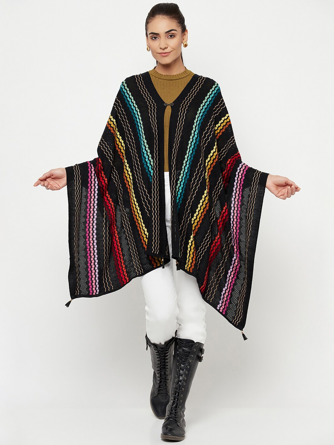 

Knitstudio Women Black Woven Design Casual Shawl