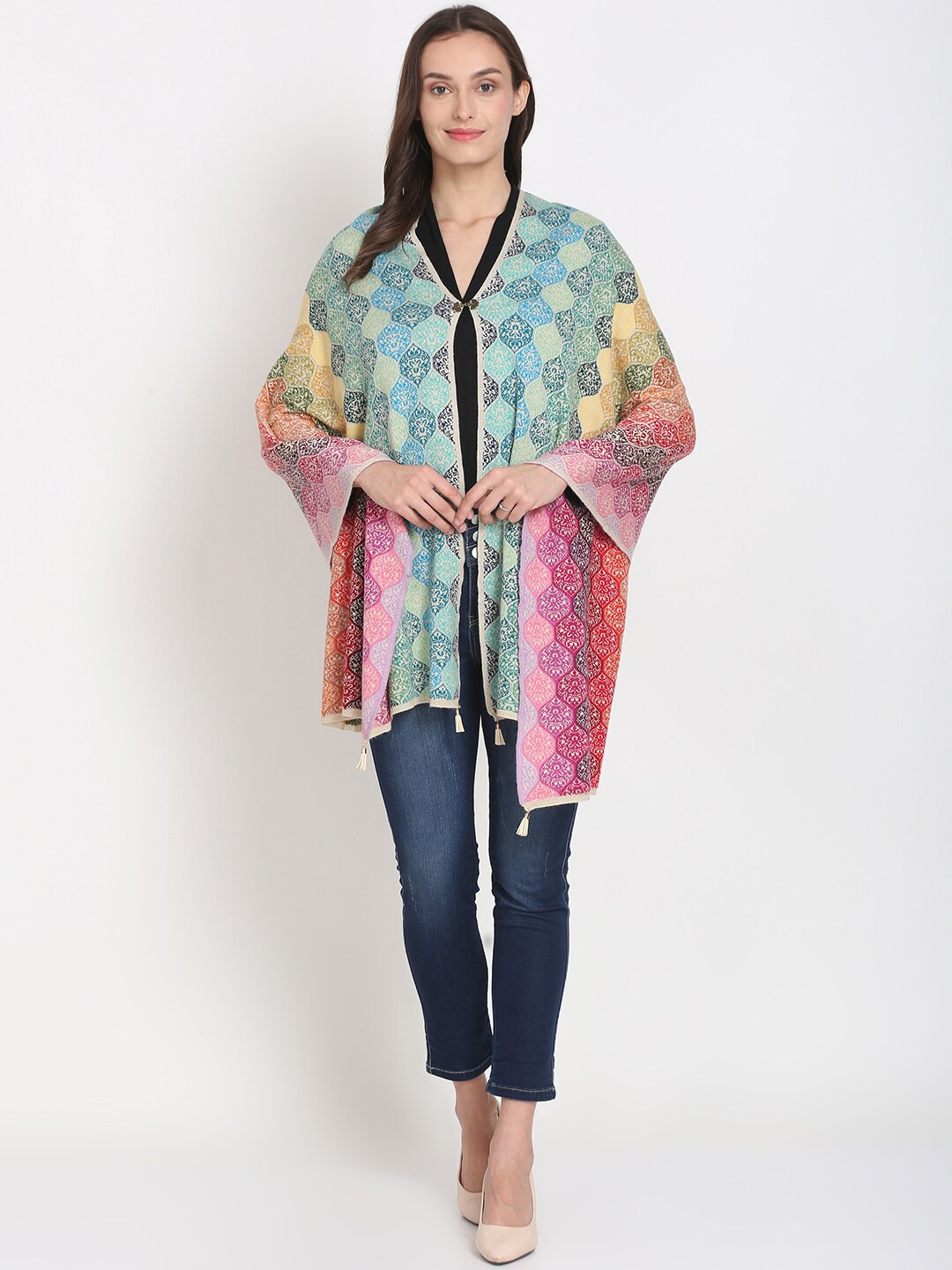 

Knitstudio Women Blue & Beige Self Design Knitted Shawl