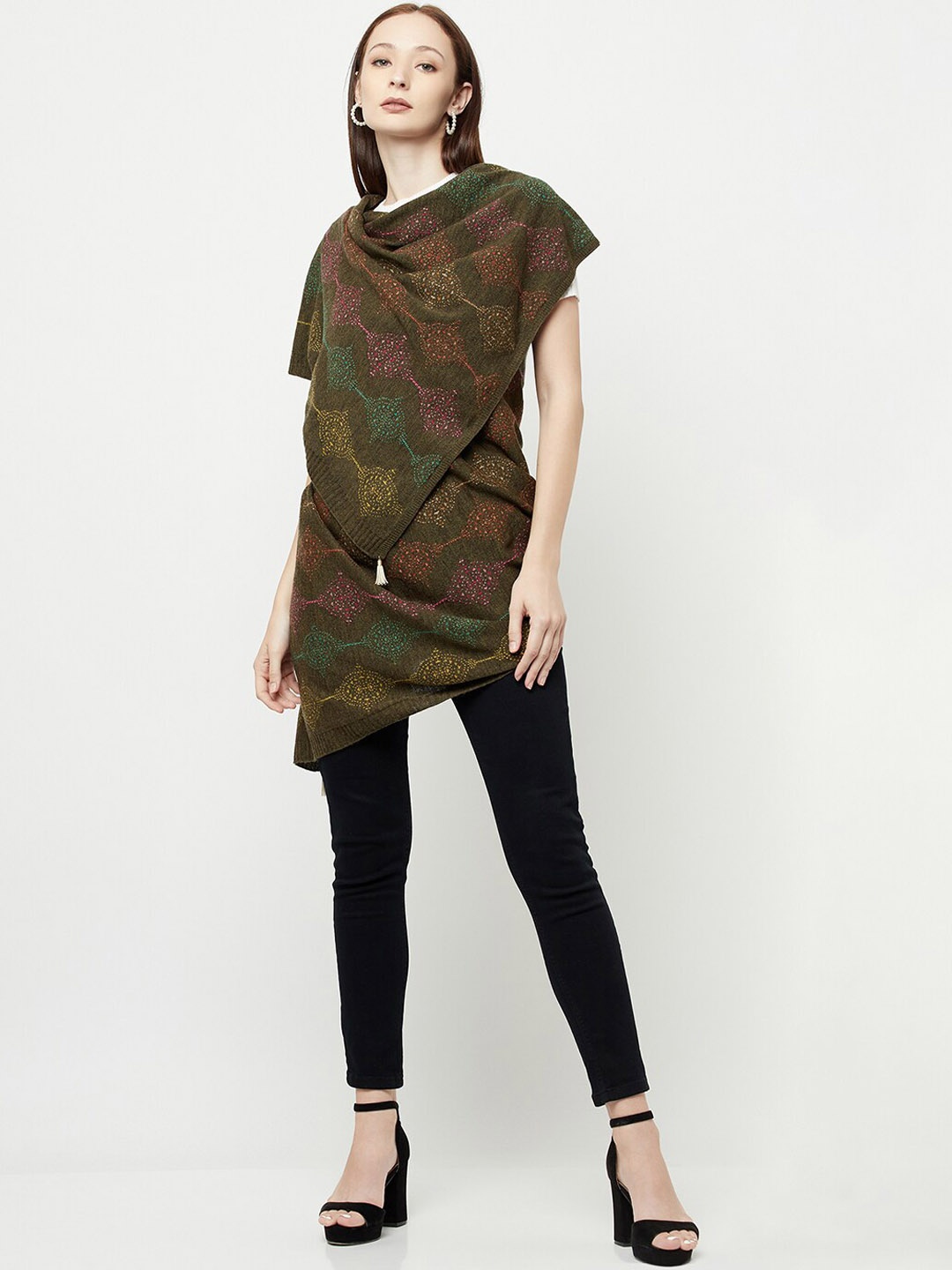 

Knitstudio Women Olive Green Self Design Knitted Shawl