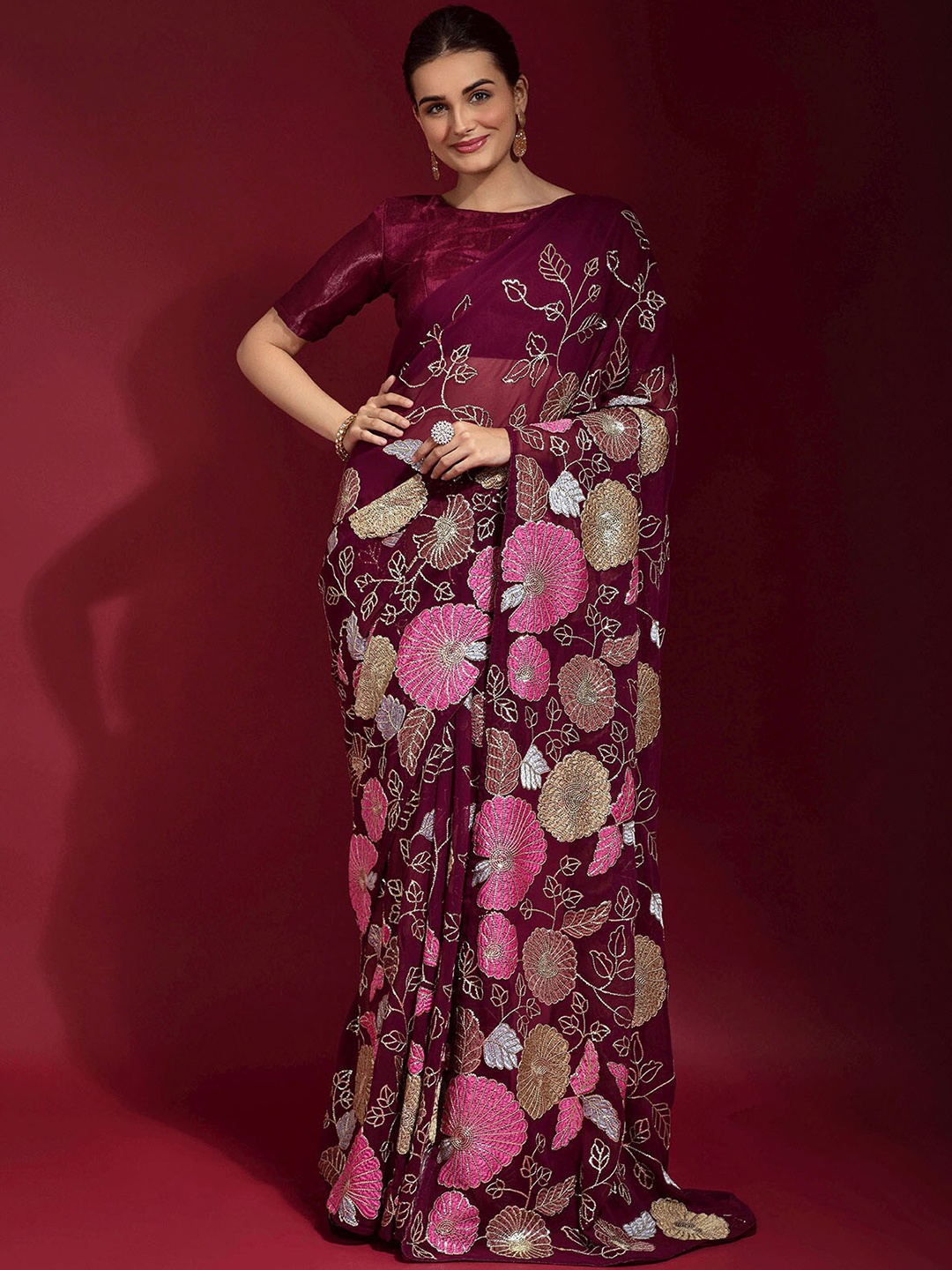 

ODETTE Maroon & Pink Floral Embroidered Saree