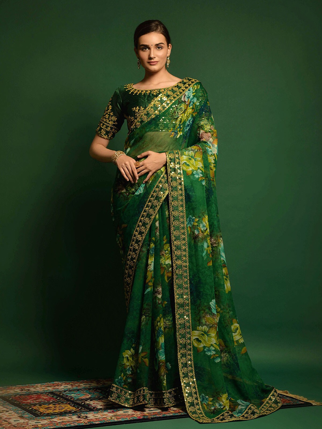 

ODETTE Green & Gold-Toned Sequinned Floral Printed Saree