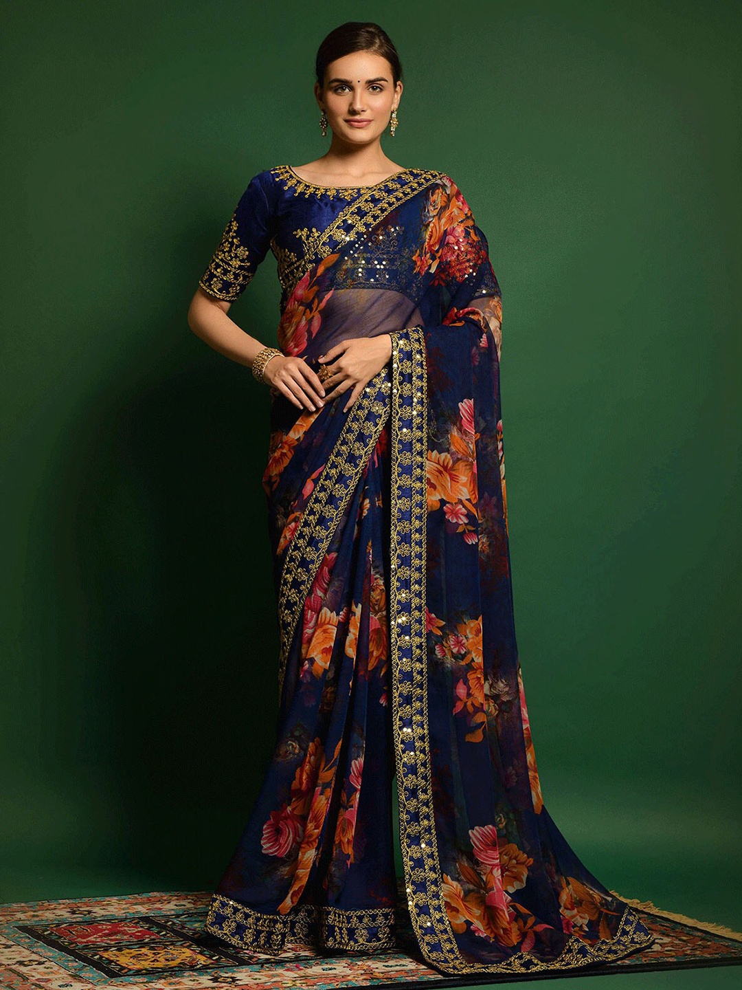 

ODETTE Blue & Gold-Toned Floral Sequinned Floral Printed Saree