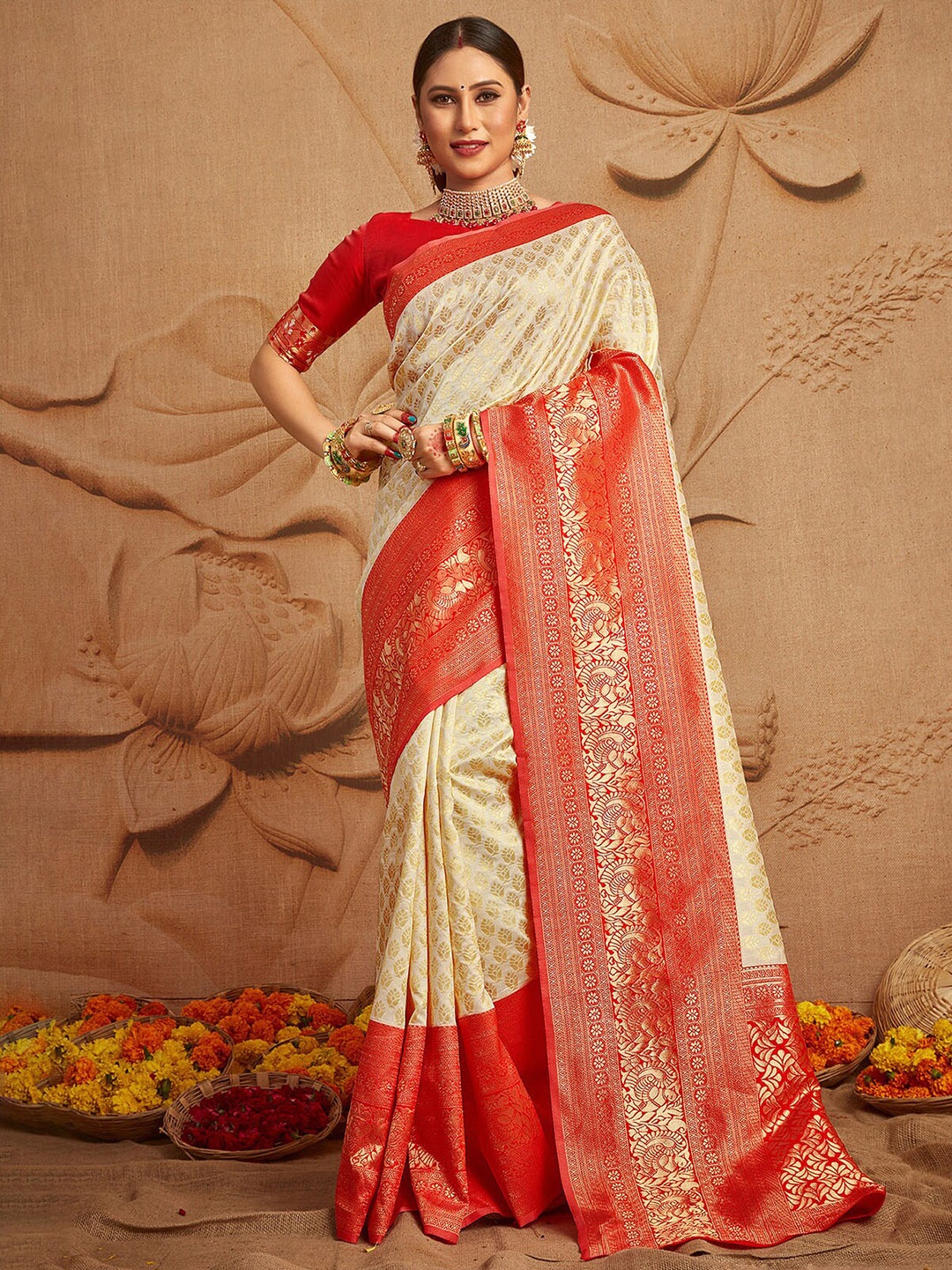 

ODETTE Off White & Red Ethnic Motifs Zari Silk Blend Saree