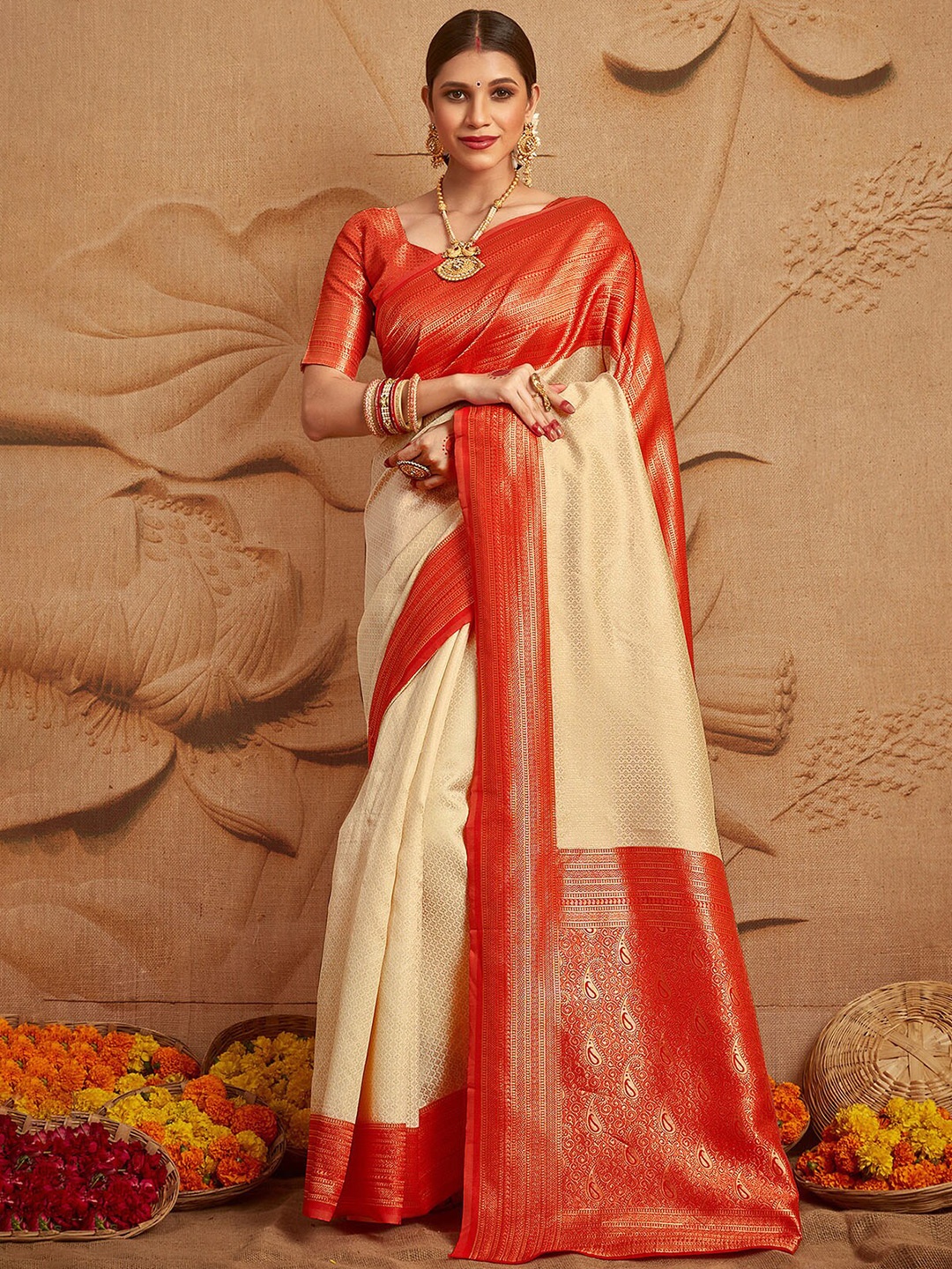 

ODETTE Off White & Red Ethnic Motif Zari Silk Blend Saree